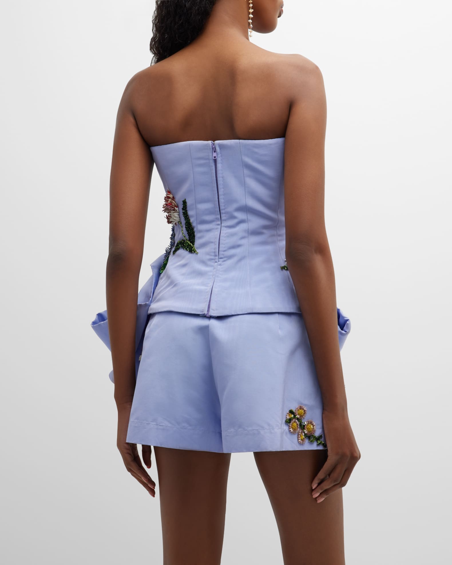 Oscar de la Renta Floral Beaded Bow-Peplum Moire Faille Bustier Top ...