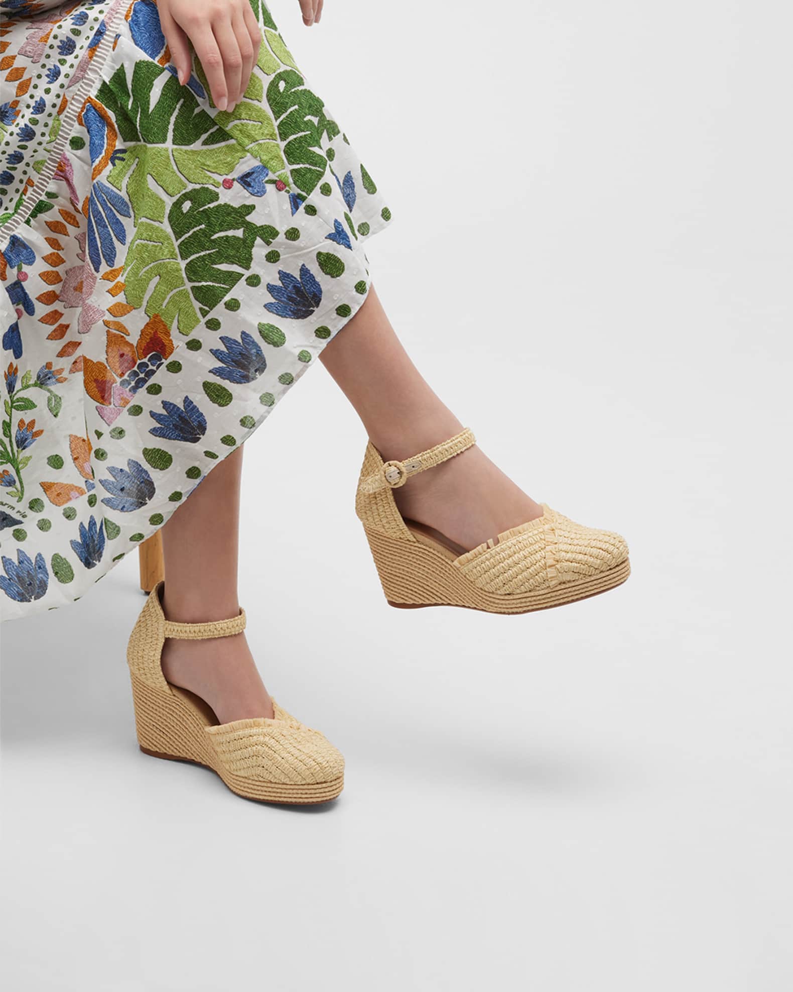 Raffia Ankle-Strap Wedge Pumps 1