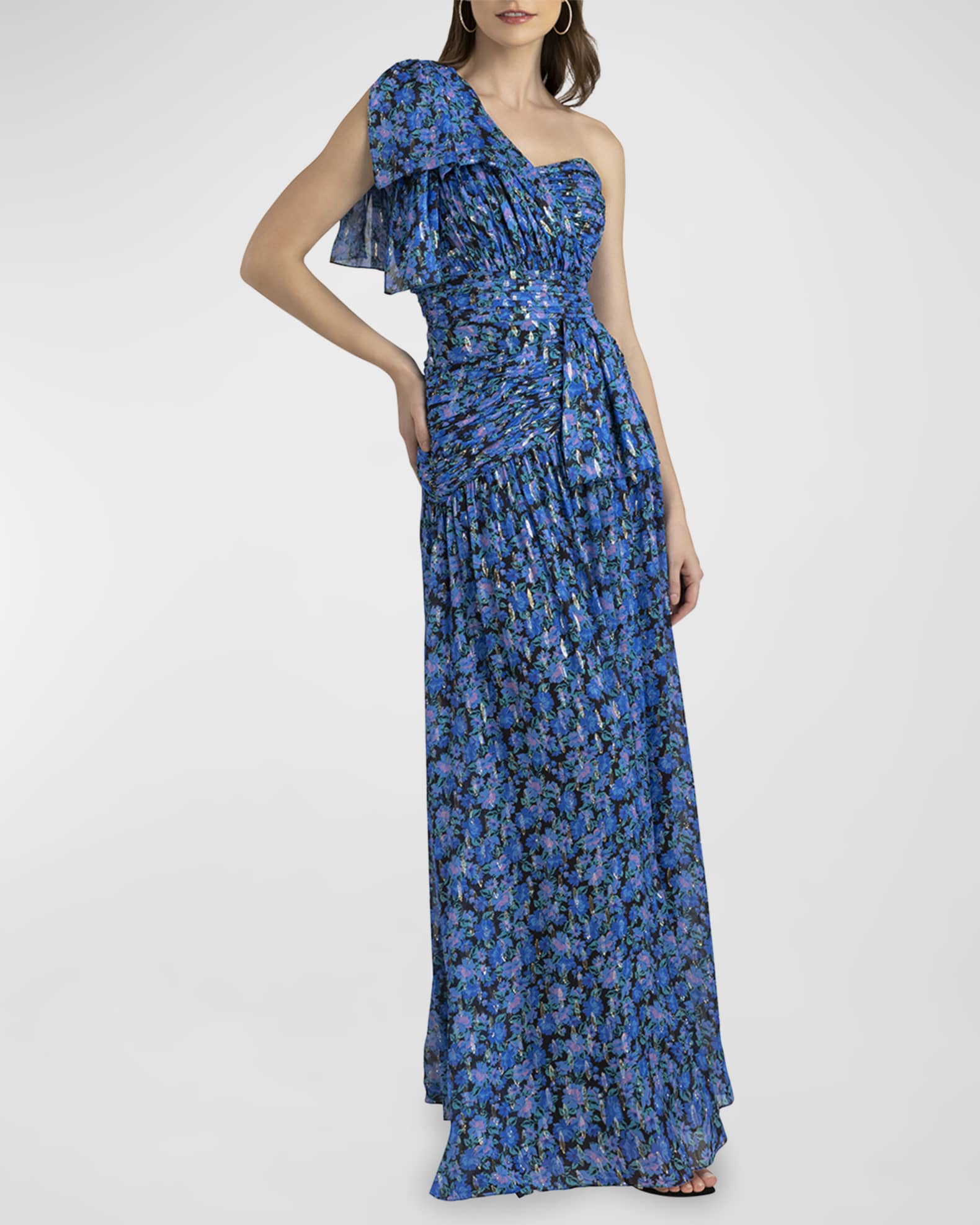 Shoshanna Crystal One-Shoulder Printed Gown | Neiman Marcus