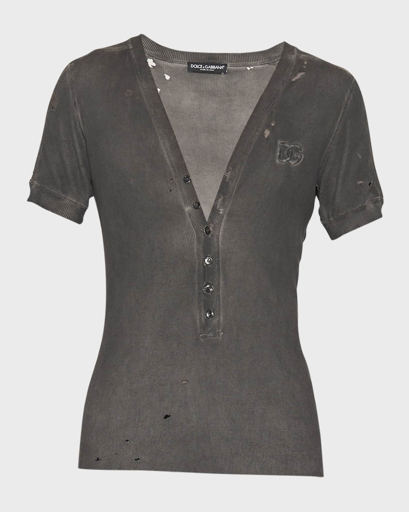 Dolce&Gabbana Men's Destroyed VNeck Henley Shirt Neiman Marcus