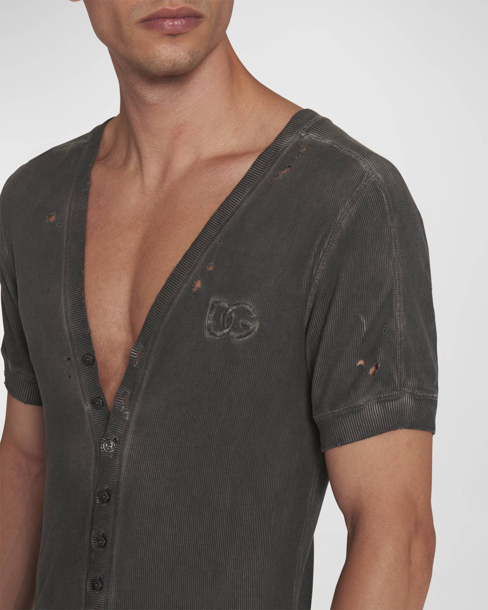Dolce&Gabbana Men's Destroyed VNeck Henley Shirt Neiman Marcus