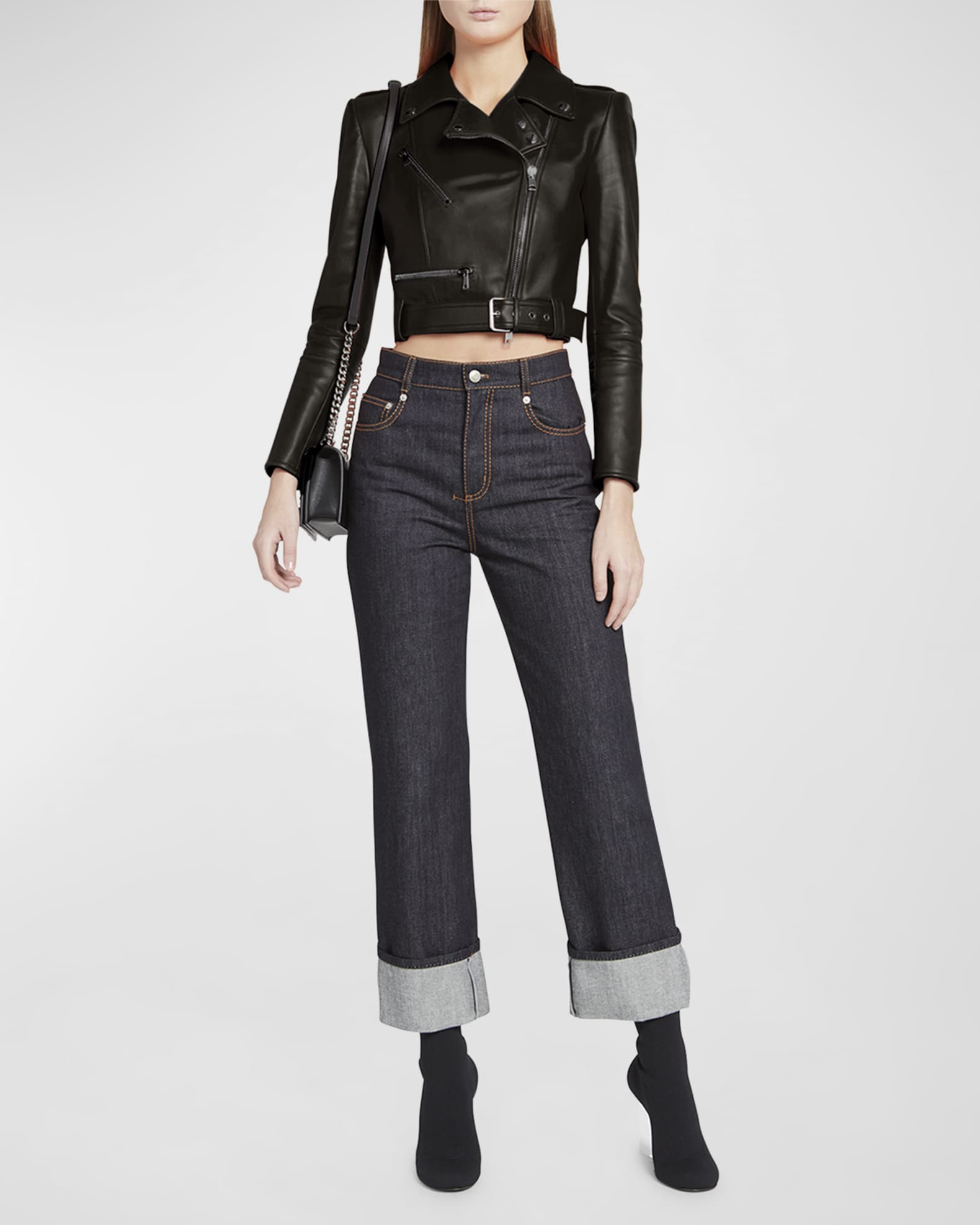 McQueen Cropped Leather Biker Jacket | Neiman Marcus