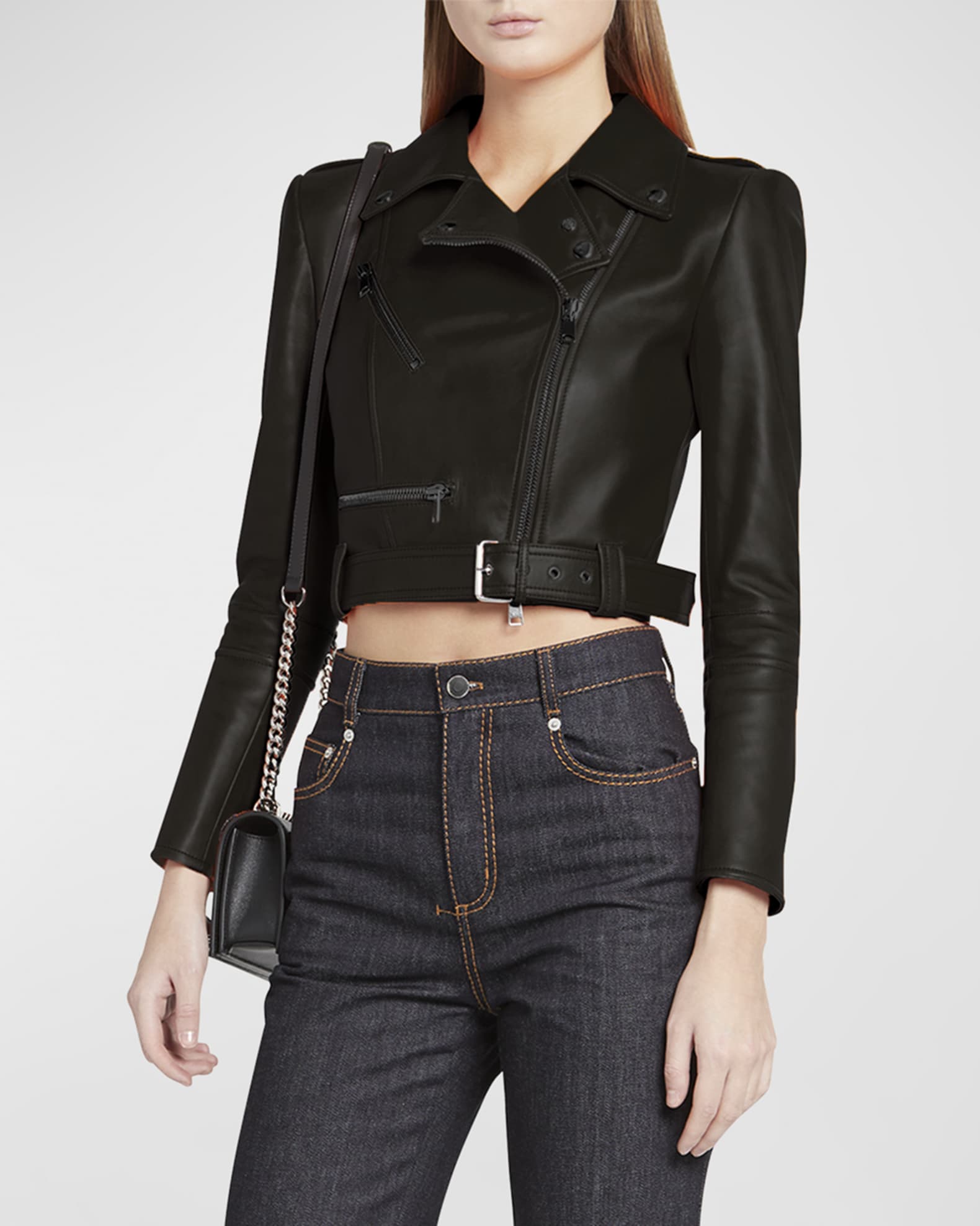 レザージャケット・コート ALEXANDER McQUEEN NAPPA CROPPED BIKER JACKET Alexander McQueen Cropped Leather Biker Jacket | Black