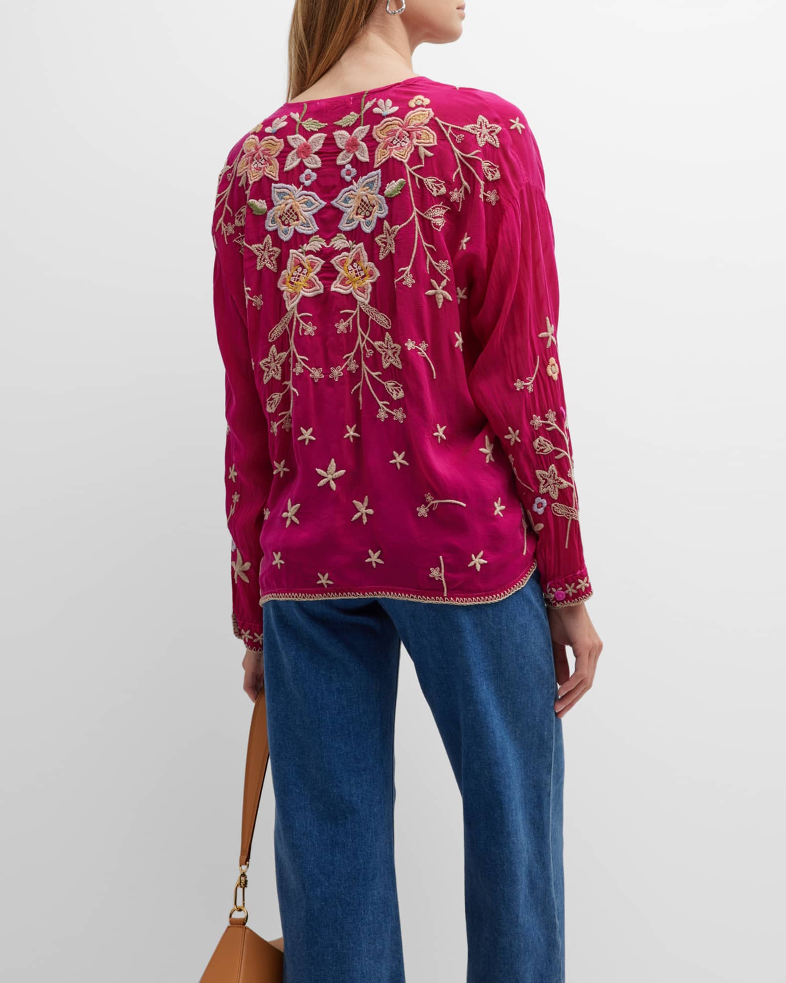 Johnny Was Jenai Floral Embroidered Button-Front Blouse | Neiman Marcus
