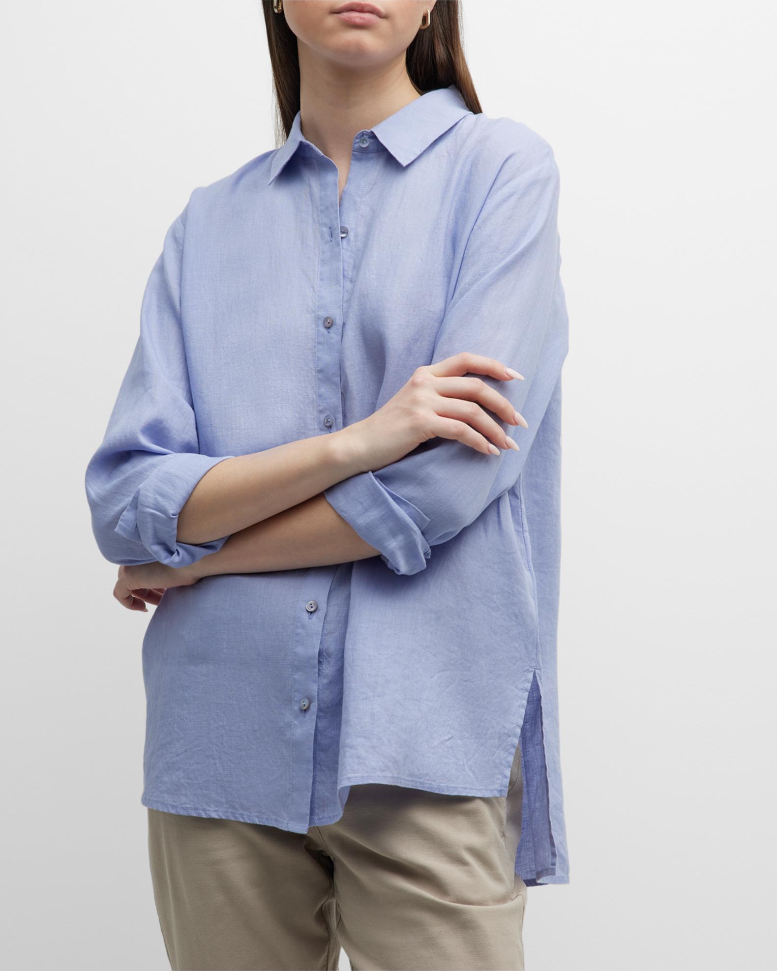 Eileen Fisher Side-Slit Button-Down Linen Shirt | Neiman Marcus