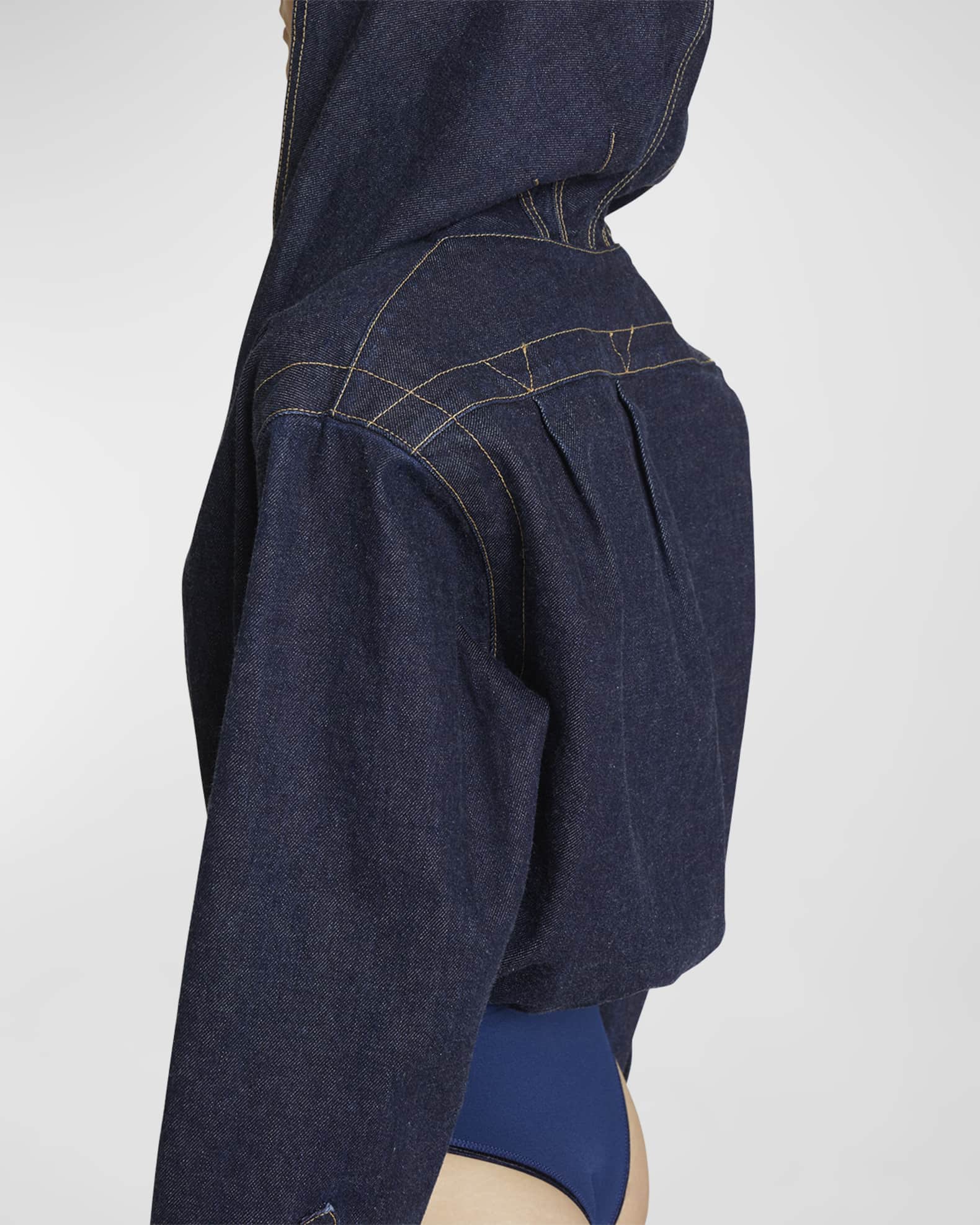 ALAIA Hooded Plunging Denim Bodysuit Neiman Marcus