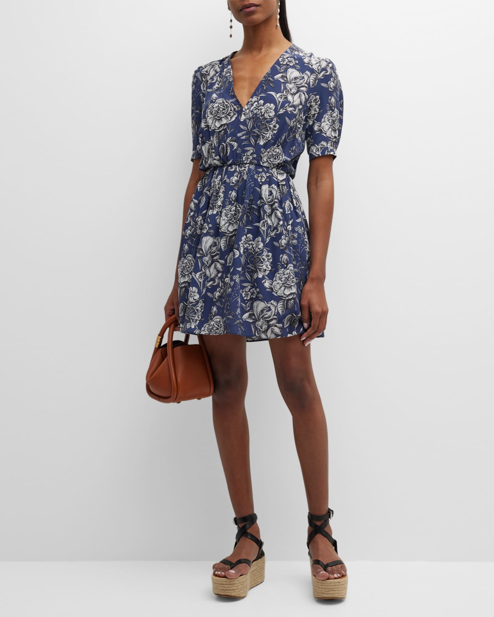 Floral-Print V-Neck Pleated Voile Mini Dress 1
