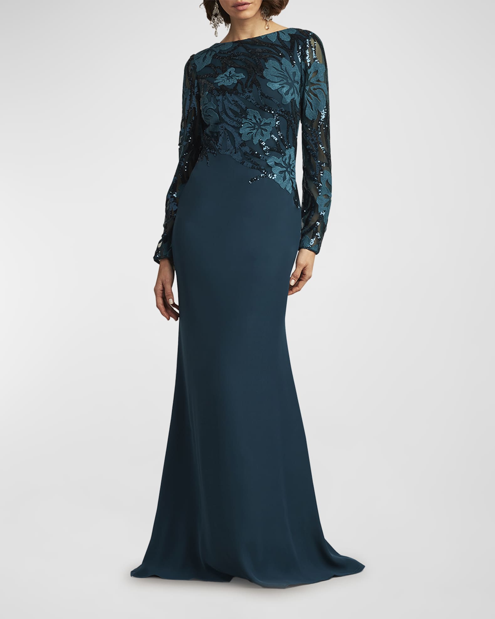 Tadashi Shoji Two Tone Embroidered Sequin Crepe Gown Neiman Marcus