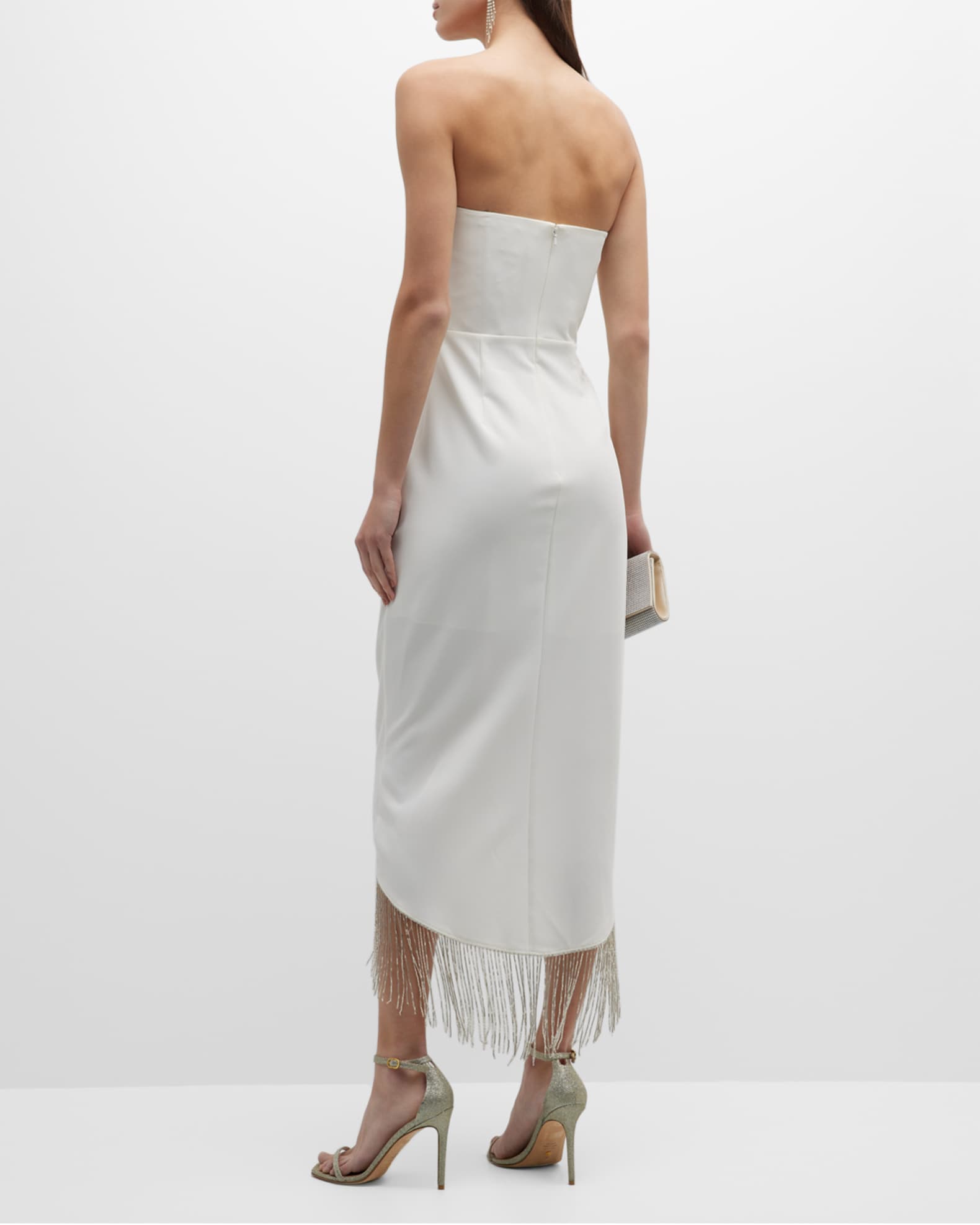 Marchesa Notte Strapless Fringe-Trim Crepe Midi Dress | Neiman Marcus