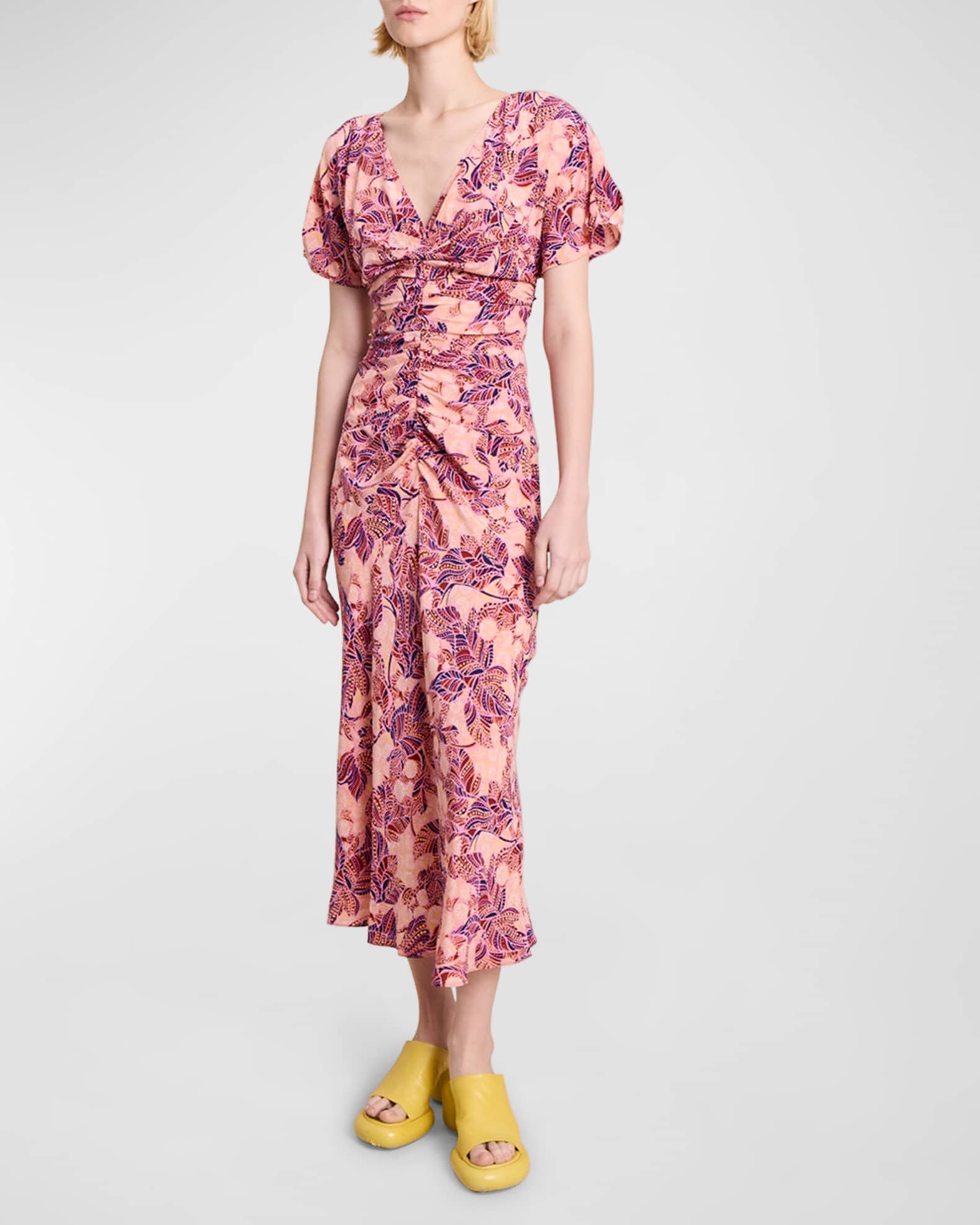 A.L.C. Elodie Printed Waist-Gathered Midi Dress | Neiman Marcus