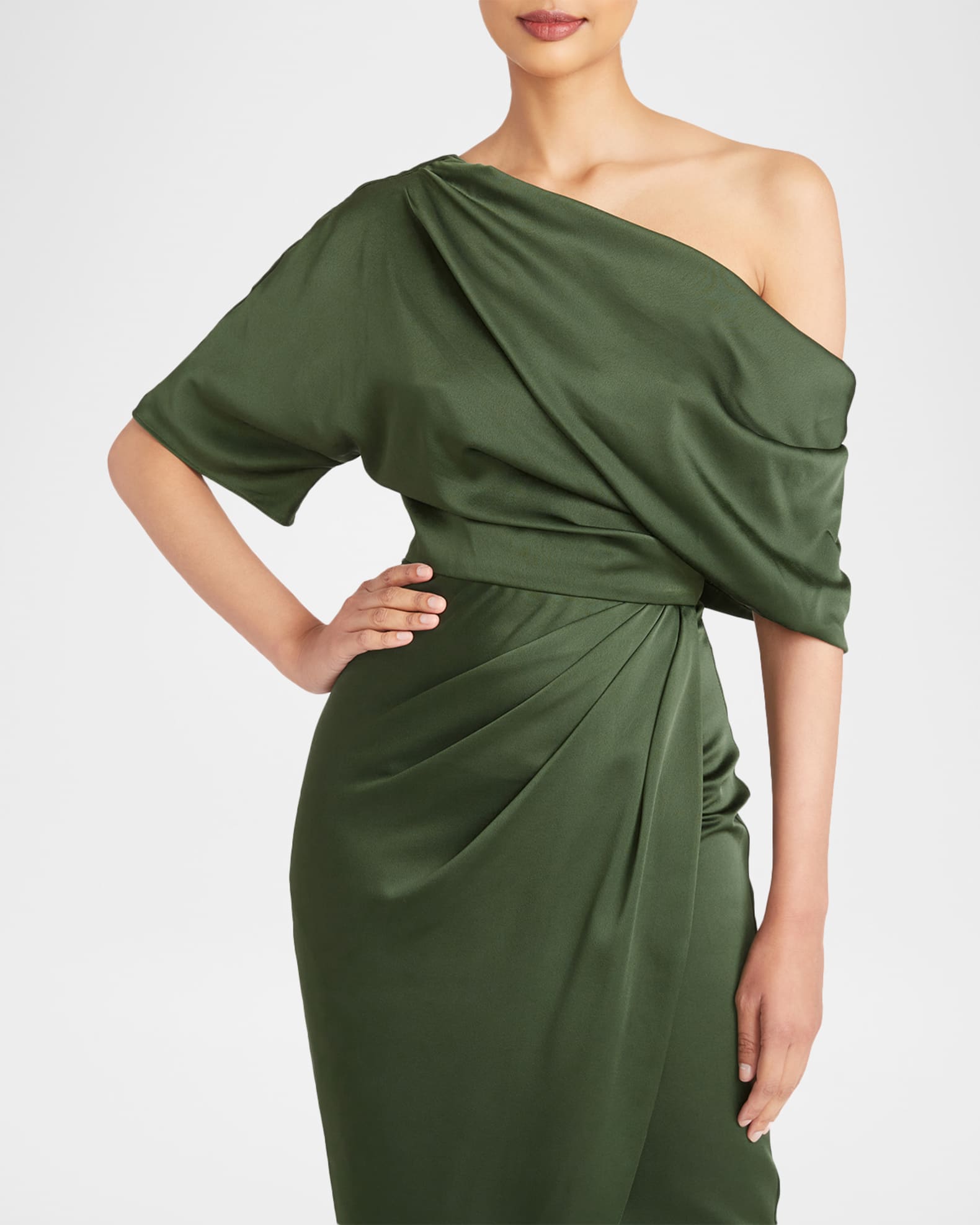 Theia Rayna Draped One-Shoulder High-Low Gown | Neiman Marcus