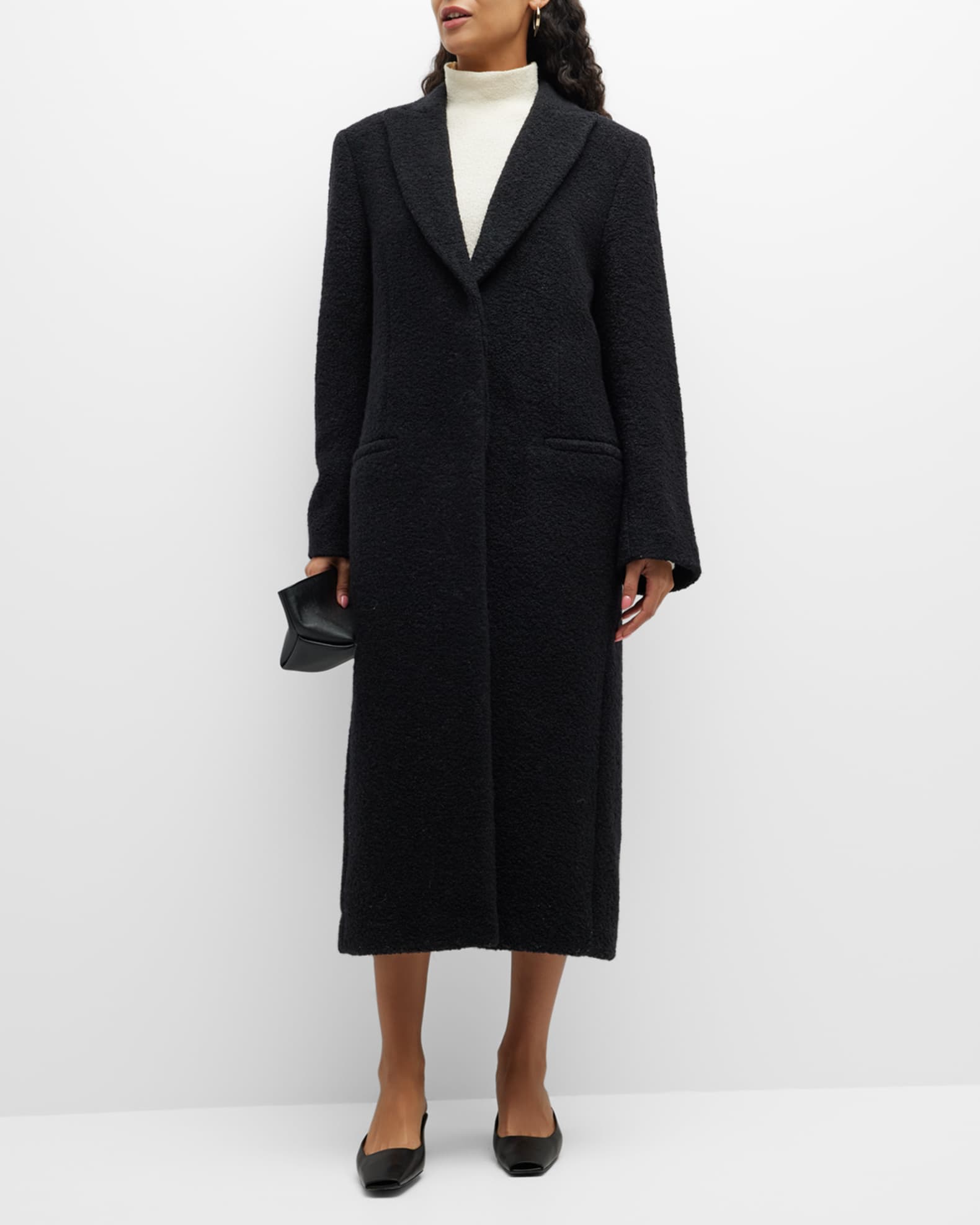 Single-Breasted Boucle Wool Long Coat