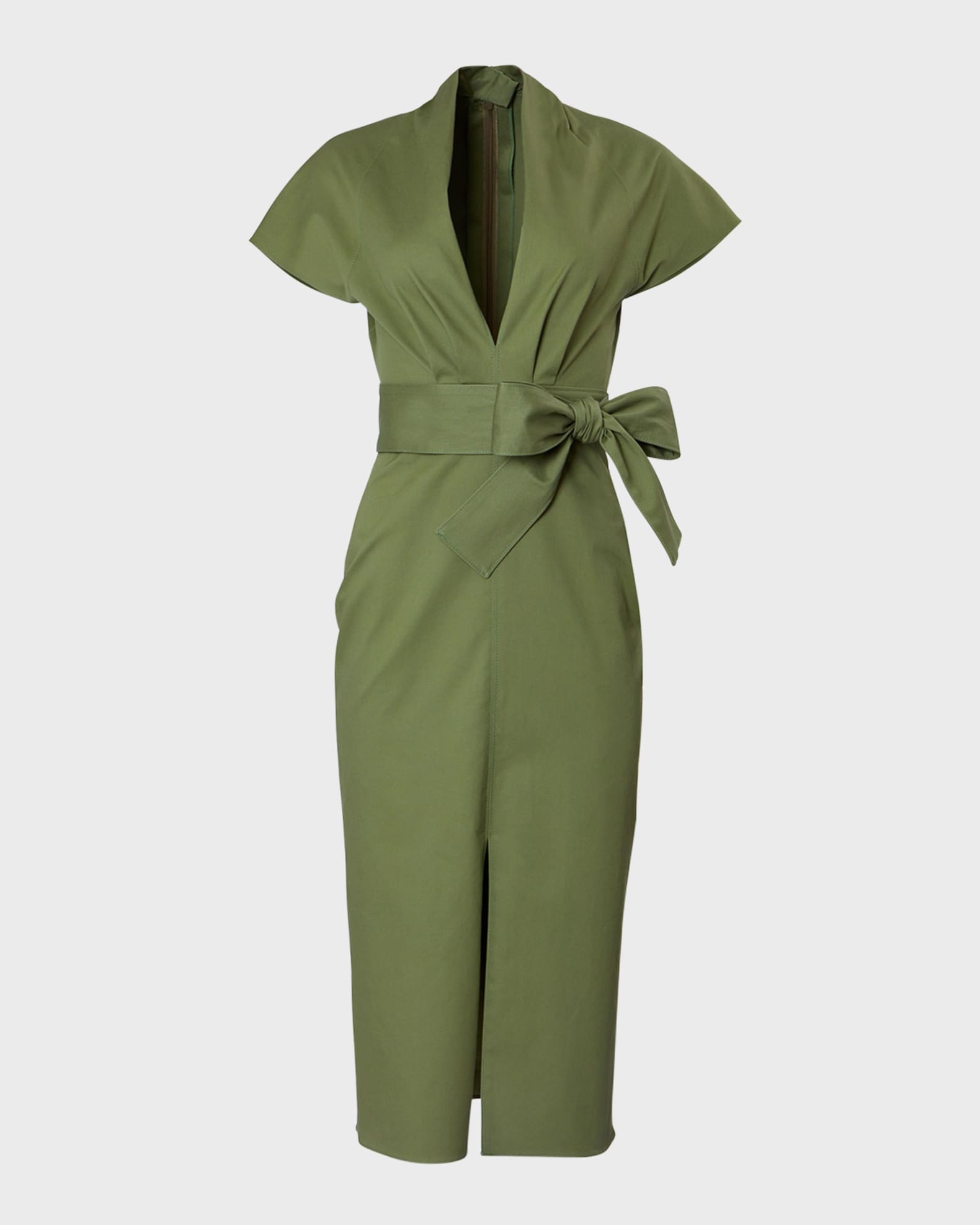 Carolina Herrera Plunging WaistSash FrontSlit Midi Dress Neiman Marcus