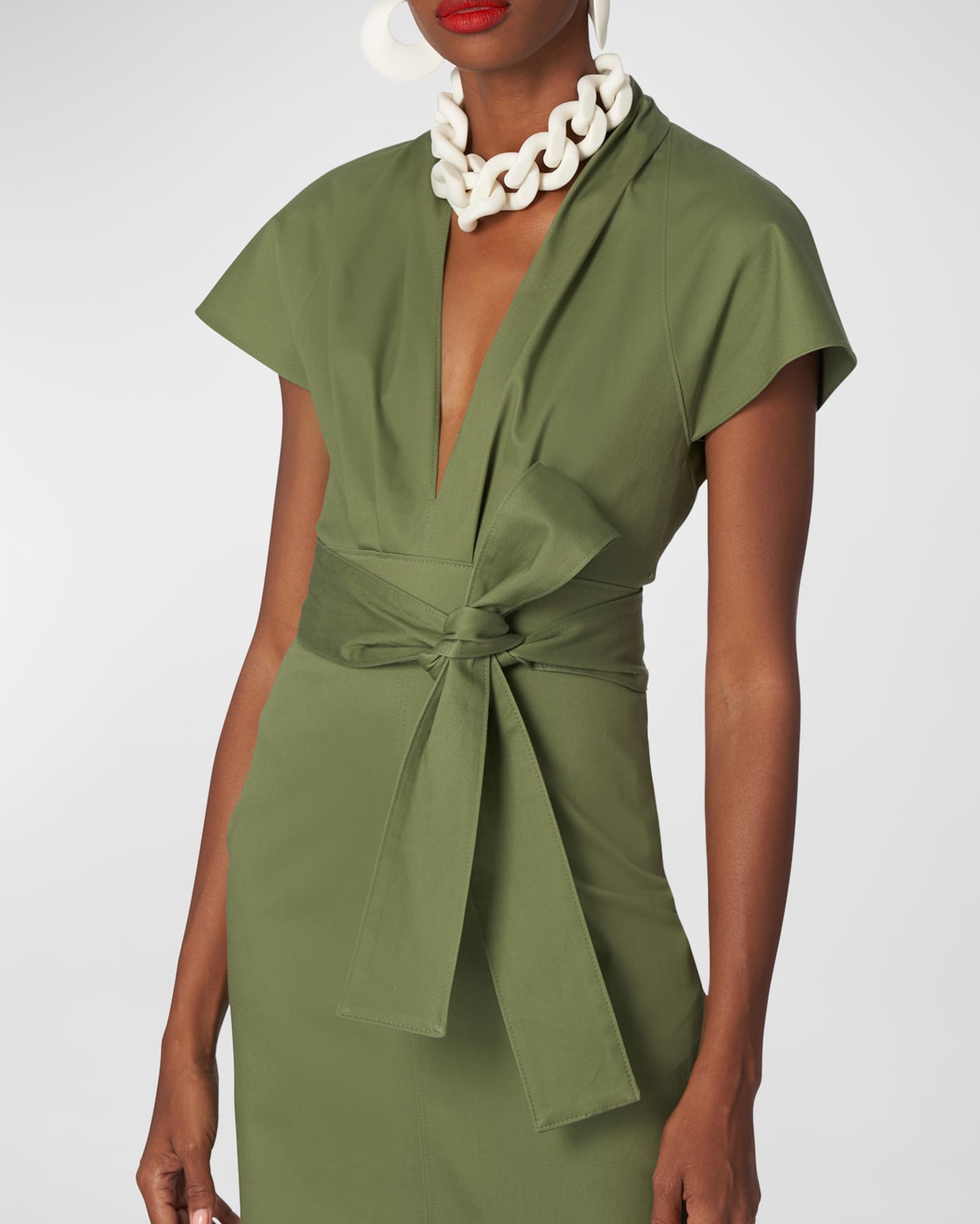 Carolina Herrera Plunging WaistSash FrontSlit Midi Dress Neiman Marcus