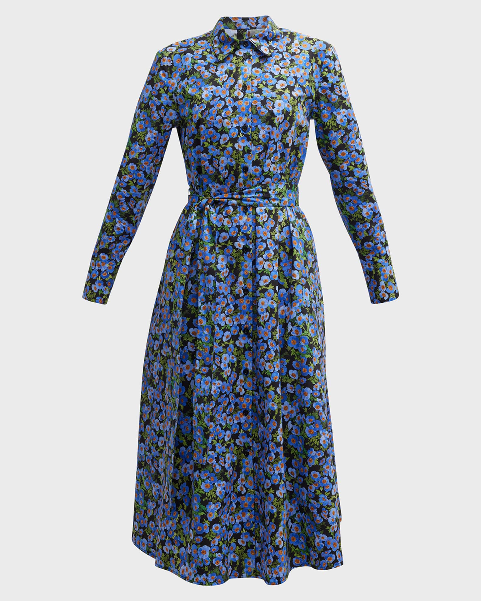 Carolina Herrera Floral Print Midi Shirtdress w/ Tie Belt | Neiman Marcus