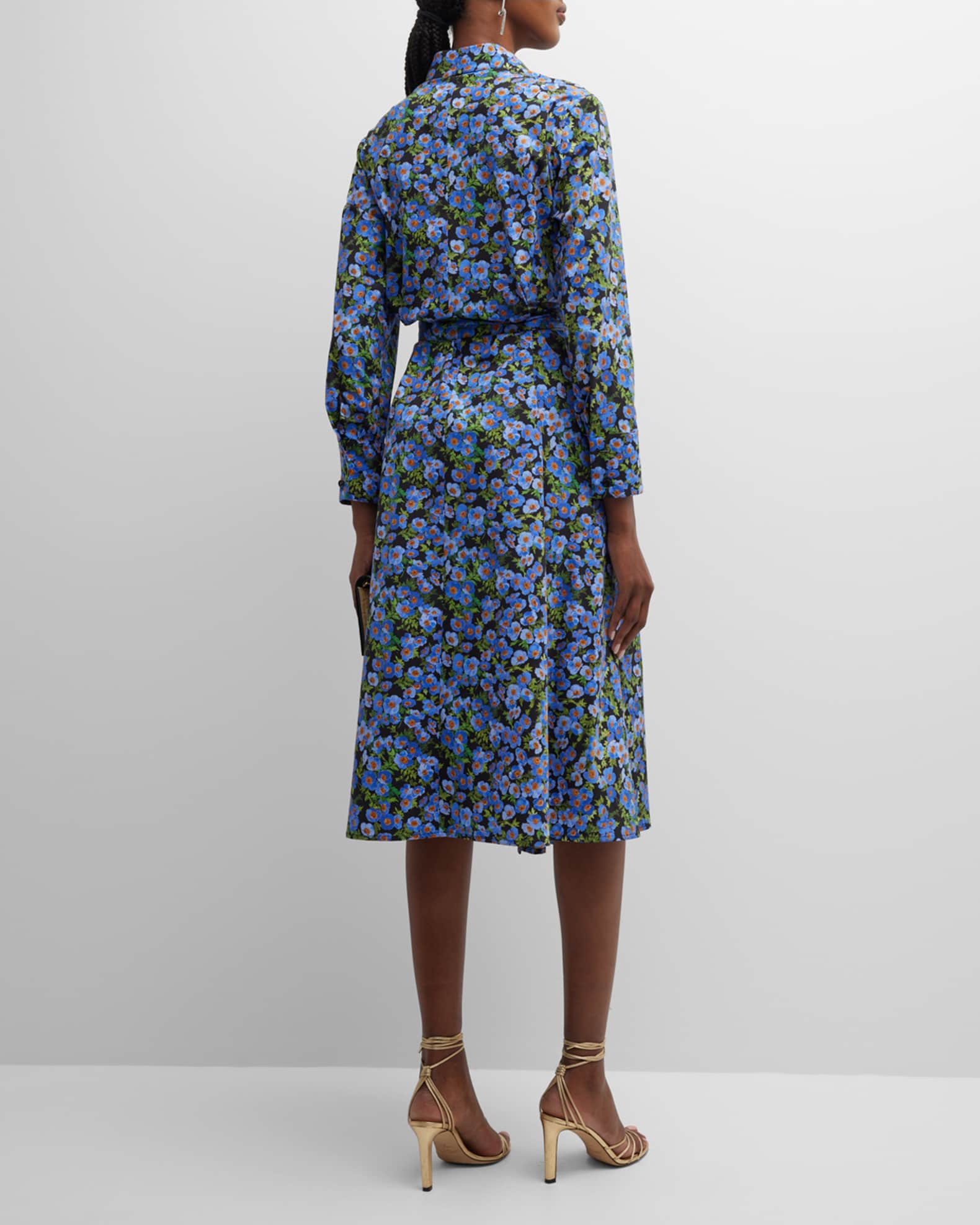 Carolina Herrera Floral Print Midi Shirtdress w/ Tie Belt | Neiman Marcus
