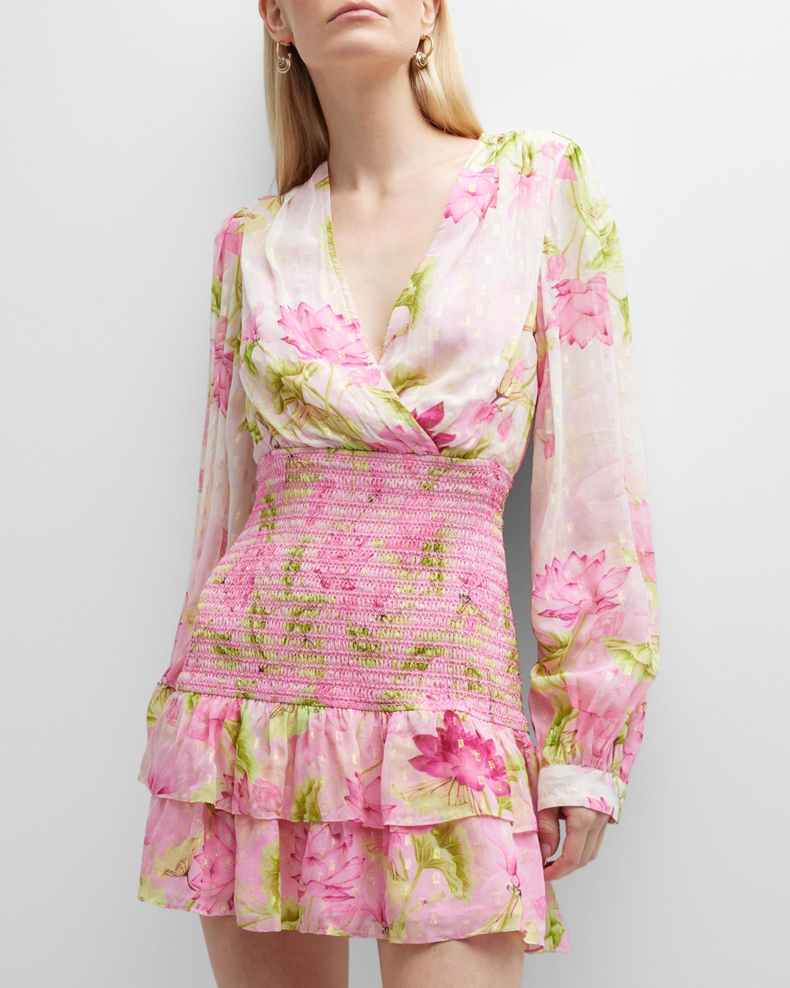 ROCOCO SAND Short Smocked Floral Tiered Mini Dress | Neiman Marcus