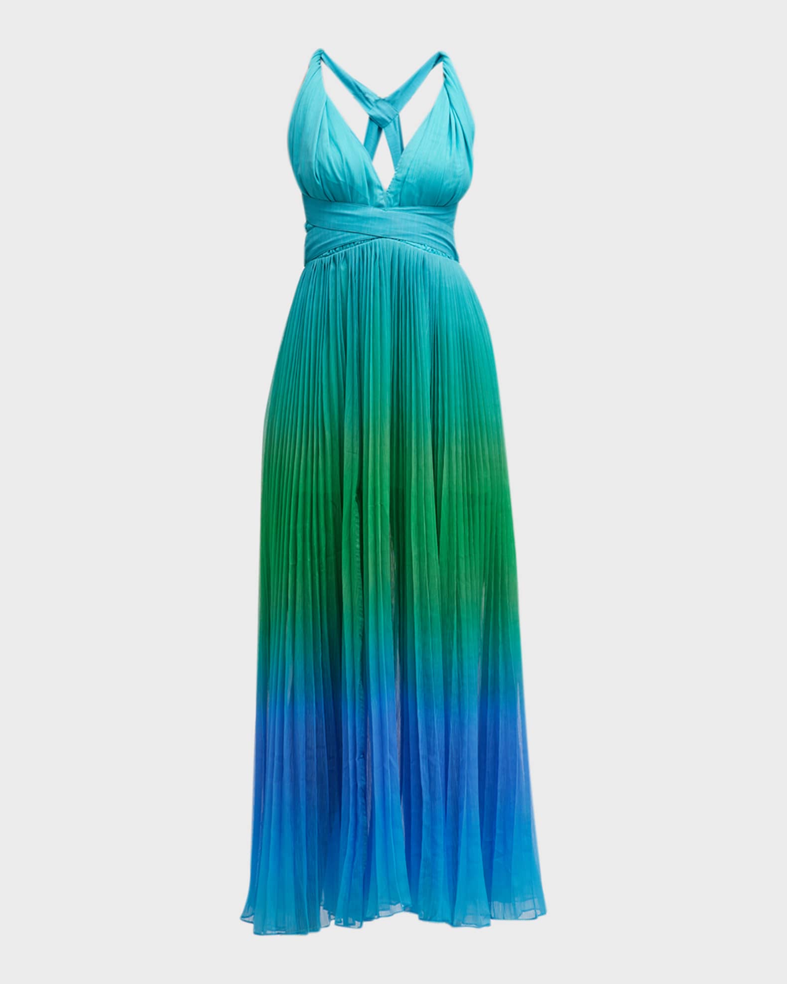ROCOCO SAND Long Ombre Pleated Crisscross-Strap Dress | Neiman Marcus