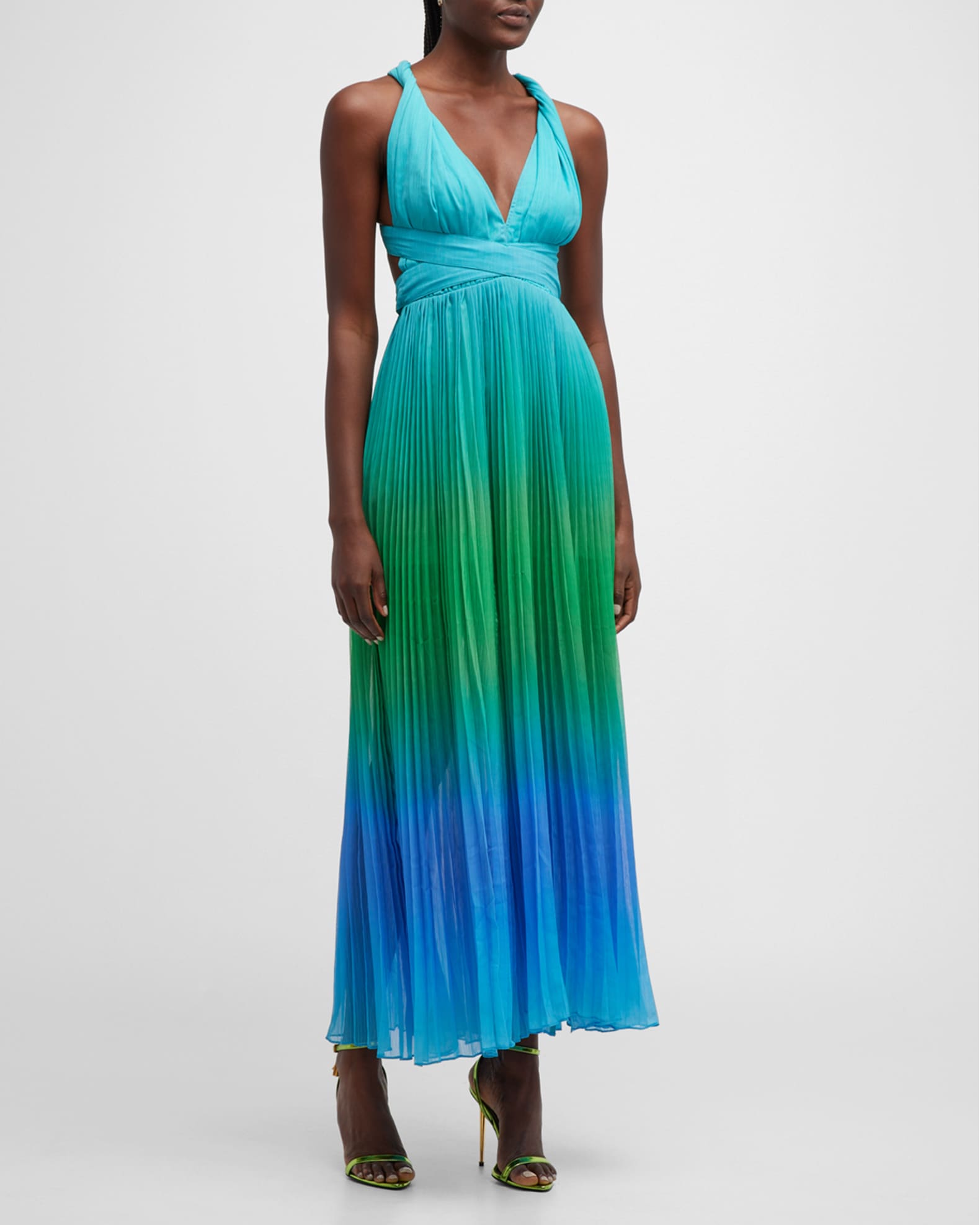 ROCOCO SAND Long Ombre Pleated Crisscross-Strap Dress | Neiman Marcus