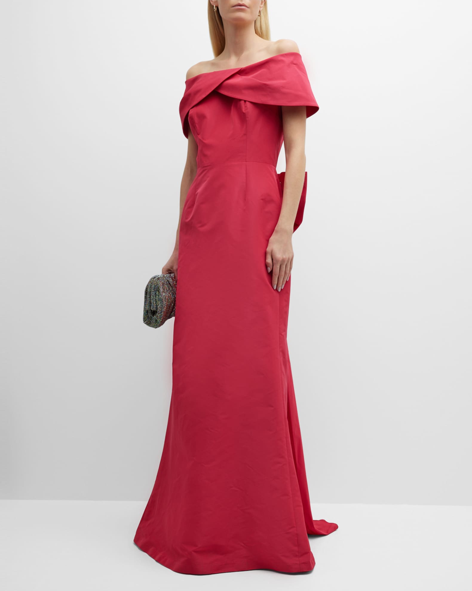Off-Shoulder Bow-Back Taffeta Gown