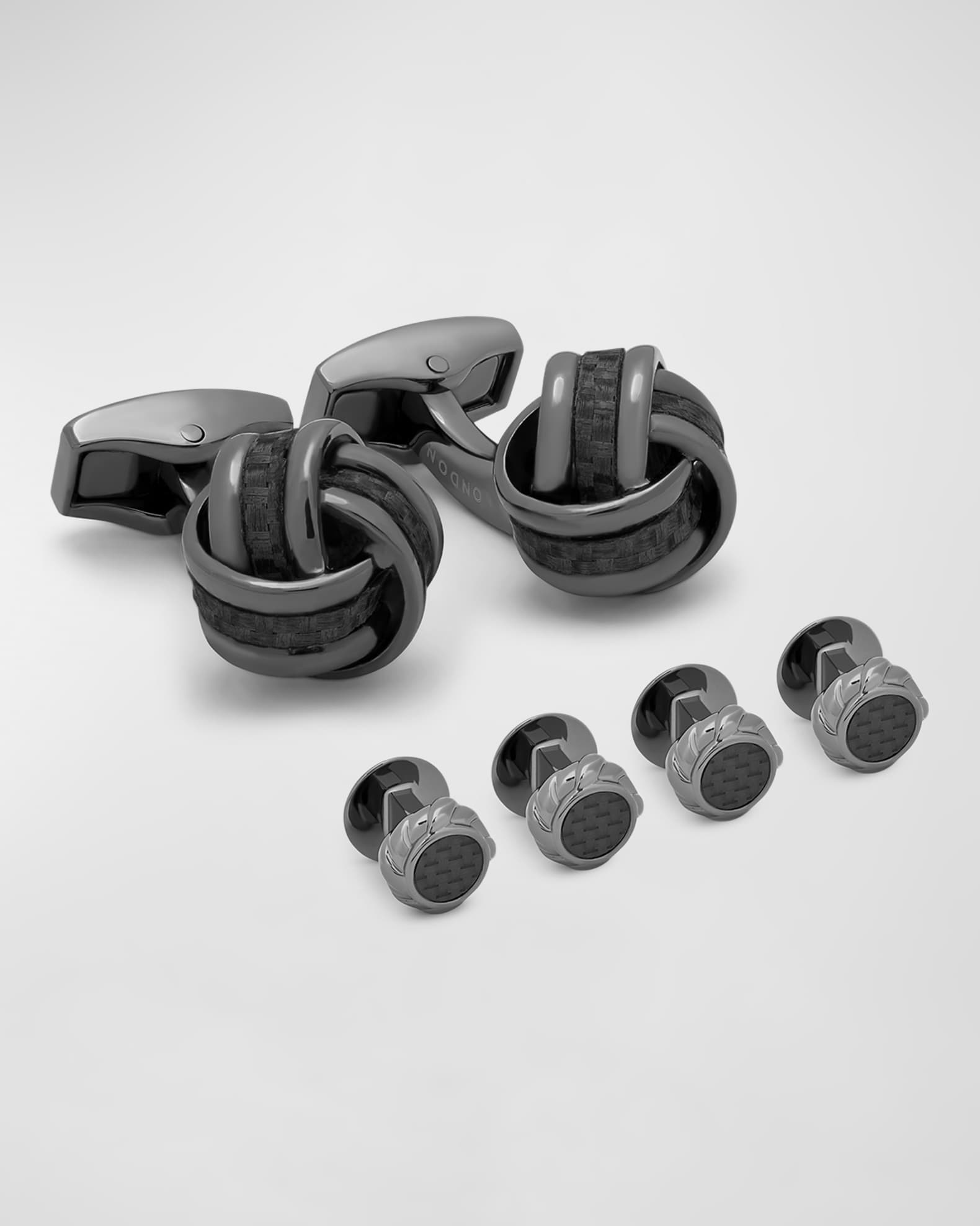 Men's Carbon Fibre Knot Cuff Link Stud Set 0