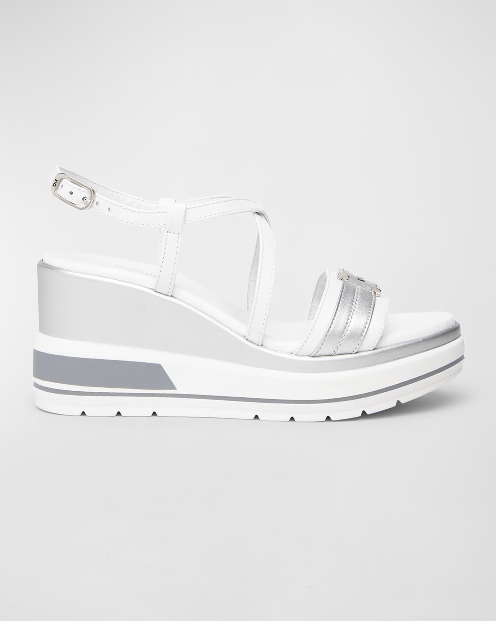 NeroGiardini Leather Wedge Sandals with Logo Plate Neiman Marcus