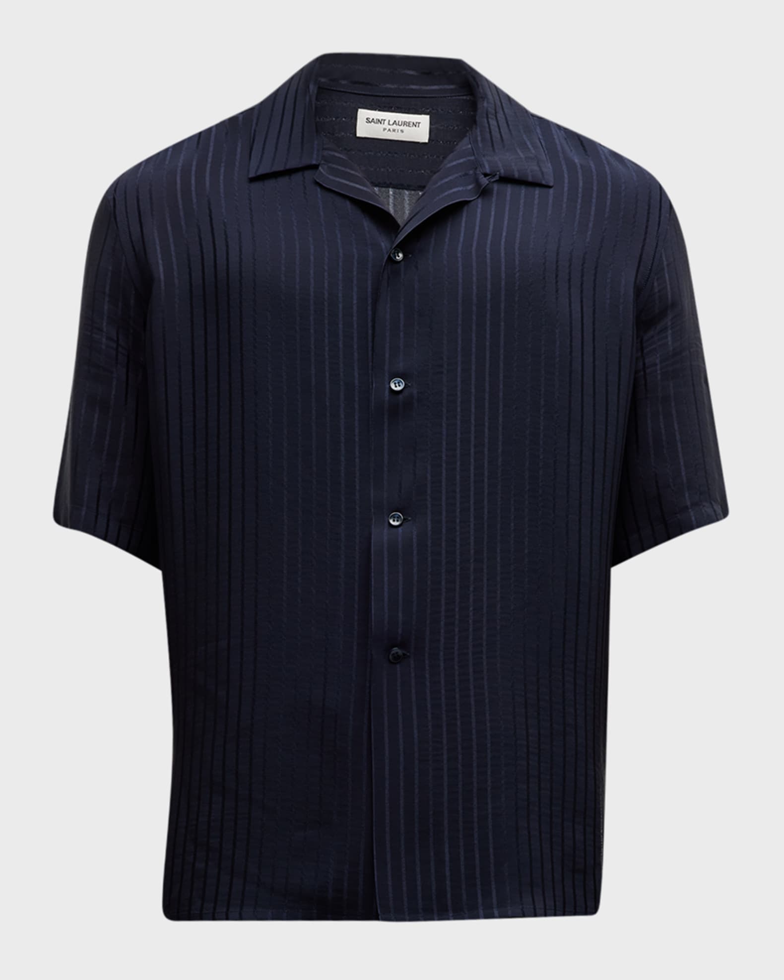 Saint Laurent Men's Jacquard Stripe Silk Camp Shirt | Neiman Marcus