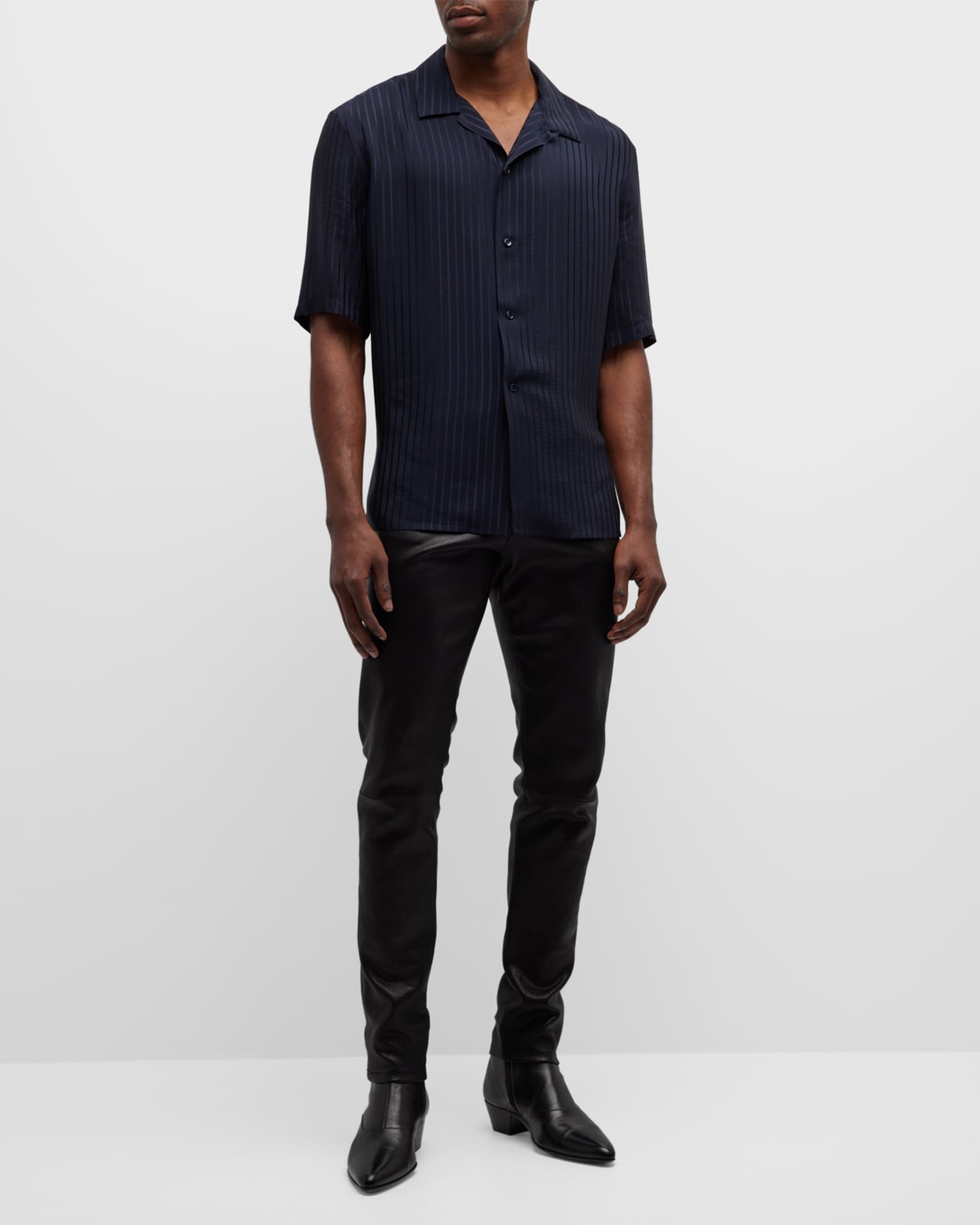 Saint Laurent Men's Jacquard Stripe Silk Camp Shirt | Neiman Marcus