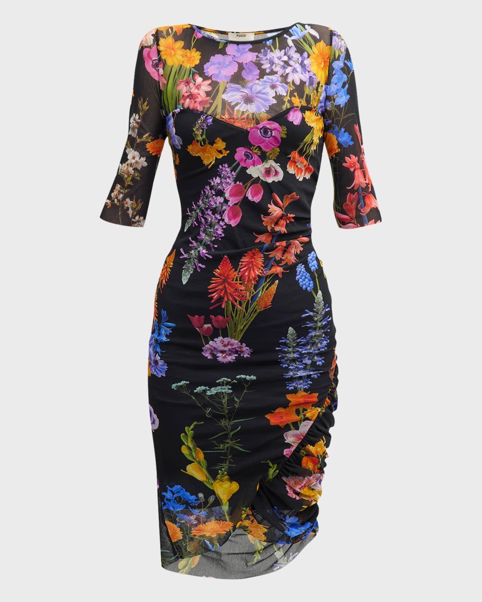 Ruched Printed Tulle Dress