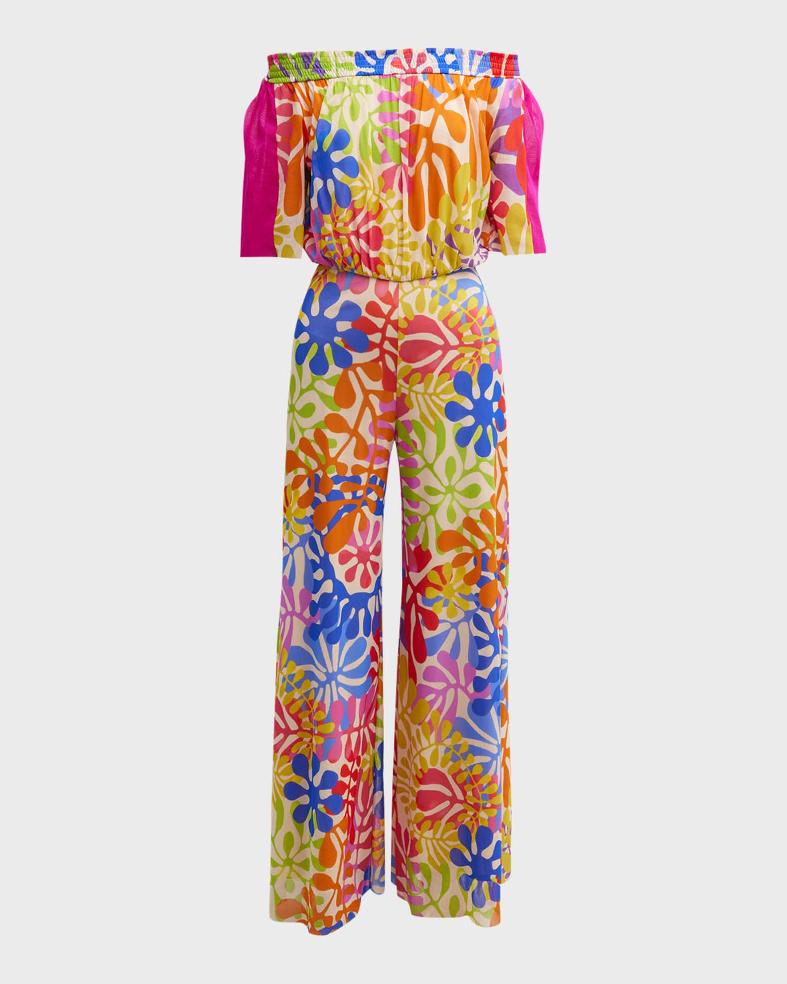 Shiny jumpsuit - Abstract printed cotton culotte jumpsuit in shades of blue in red