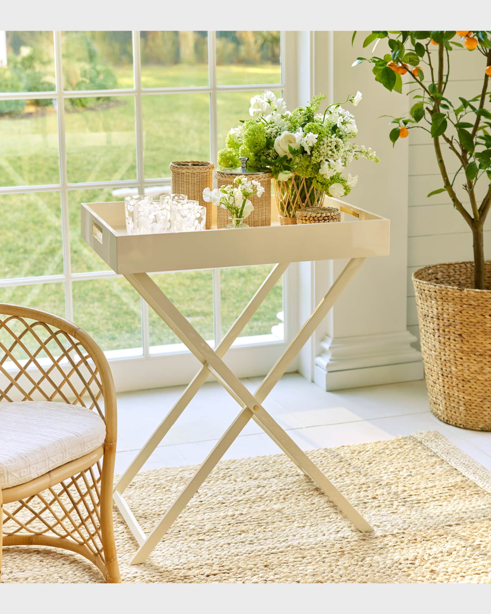 AERIN Lacquer Butler Tray Stand Cream Neiman Marcus