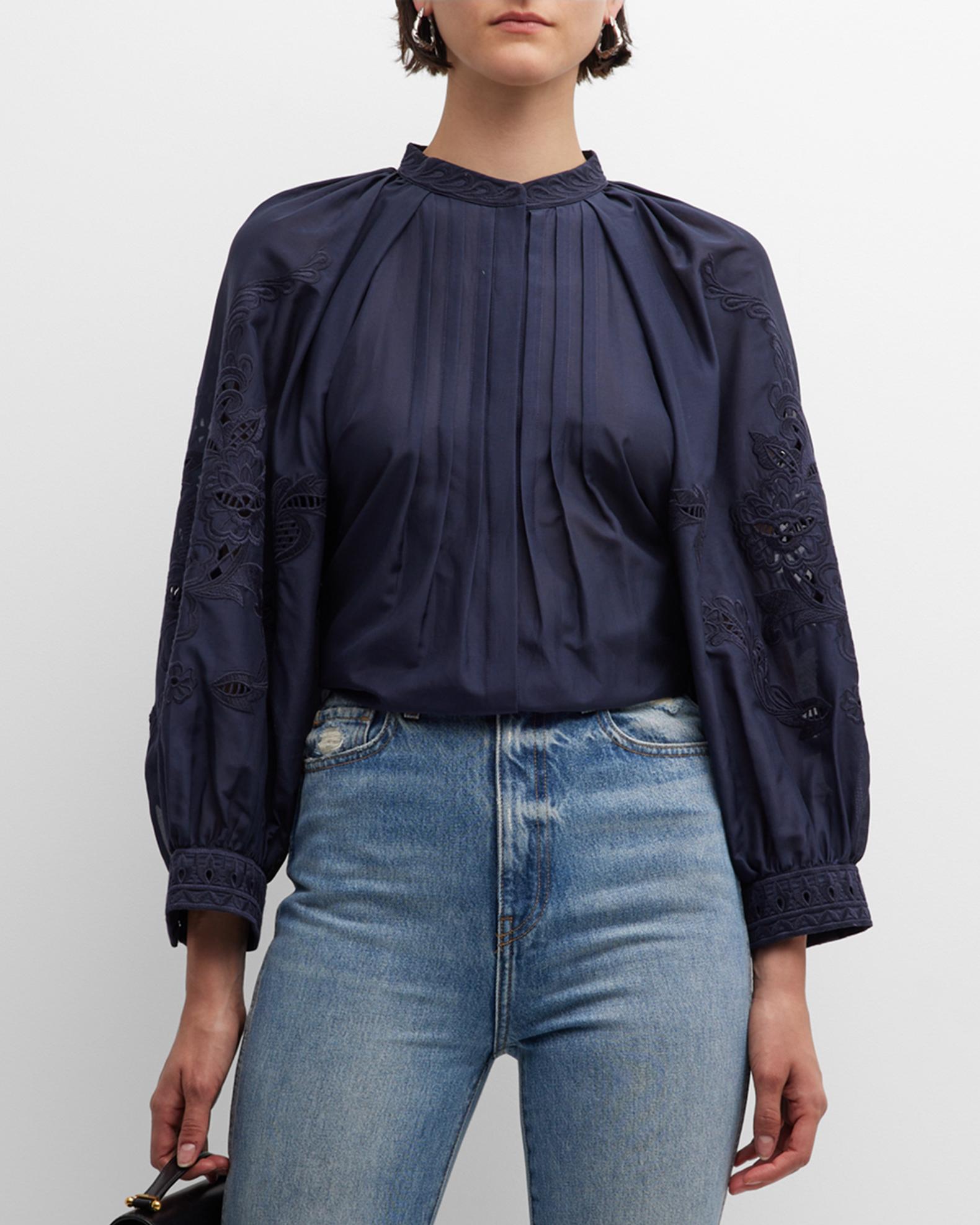 Kobi Halperin Ingrid FloralEmbroidered Pintuck Blouse Neiman Marcus
