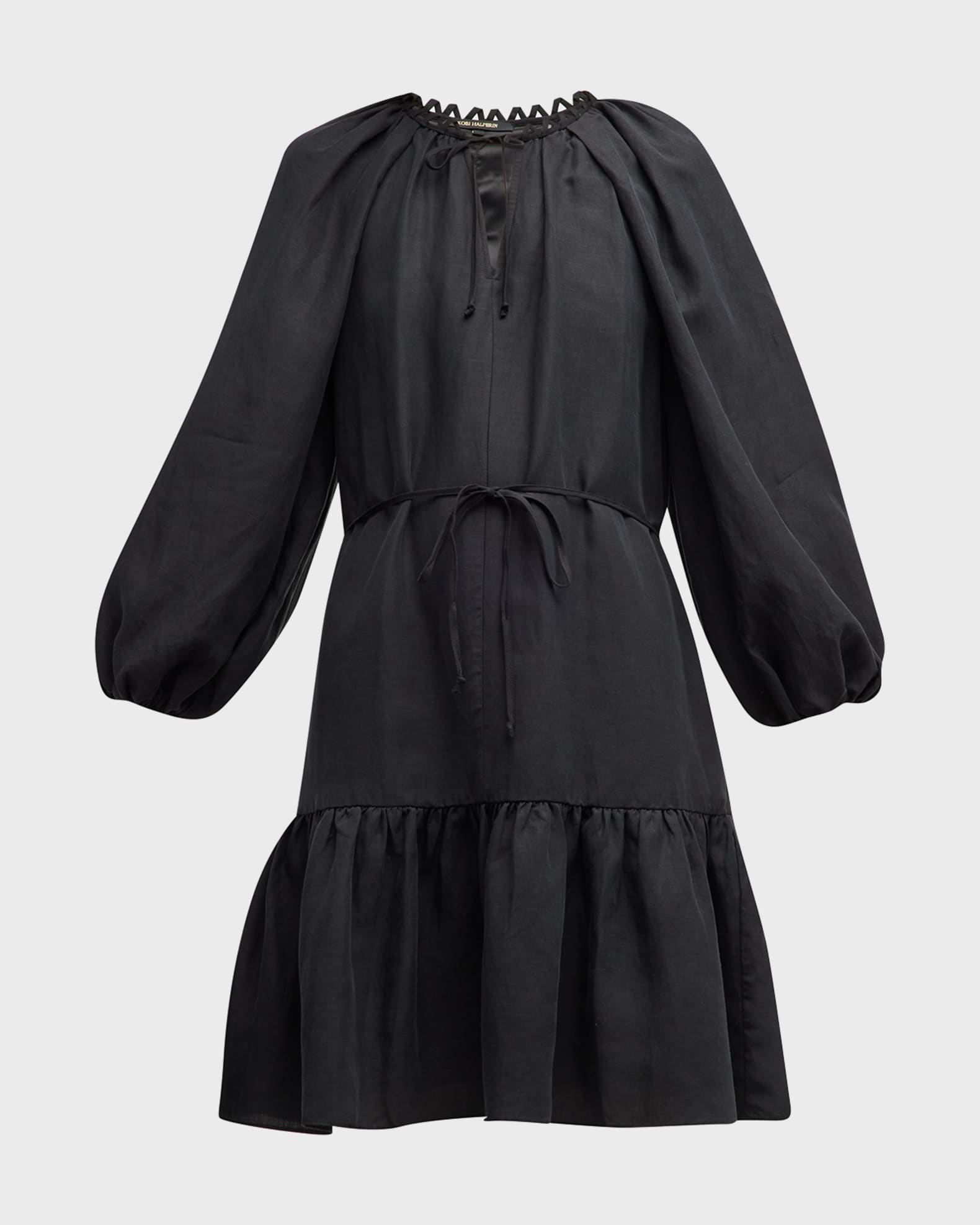 Kobi Halperin Ruby Blouson-Sleeve Keyhole Linen Midi Dress | Neiman Marcus