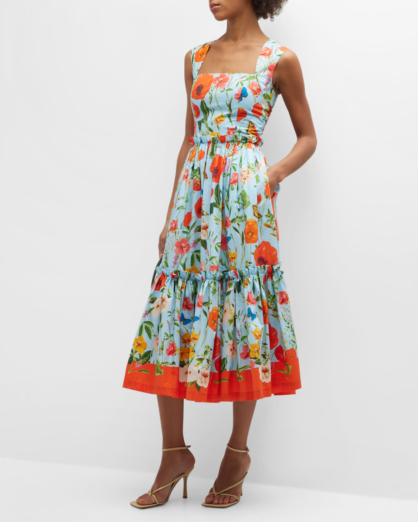 Cara Cara Claire Floral Tie-Back Midi Dress | Neiman Marcus