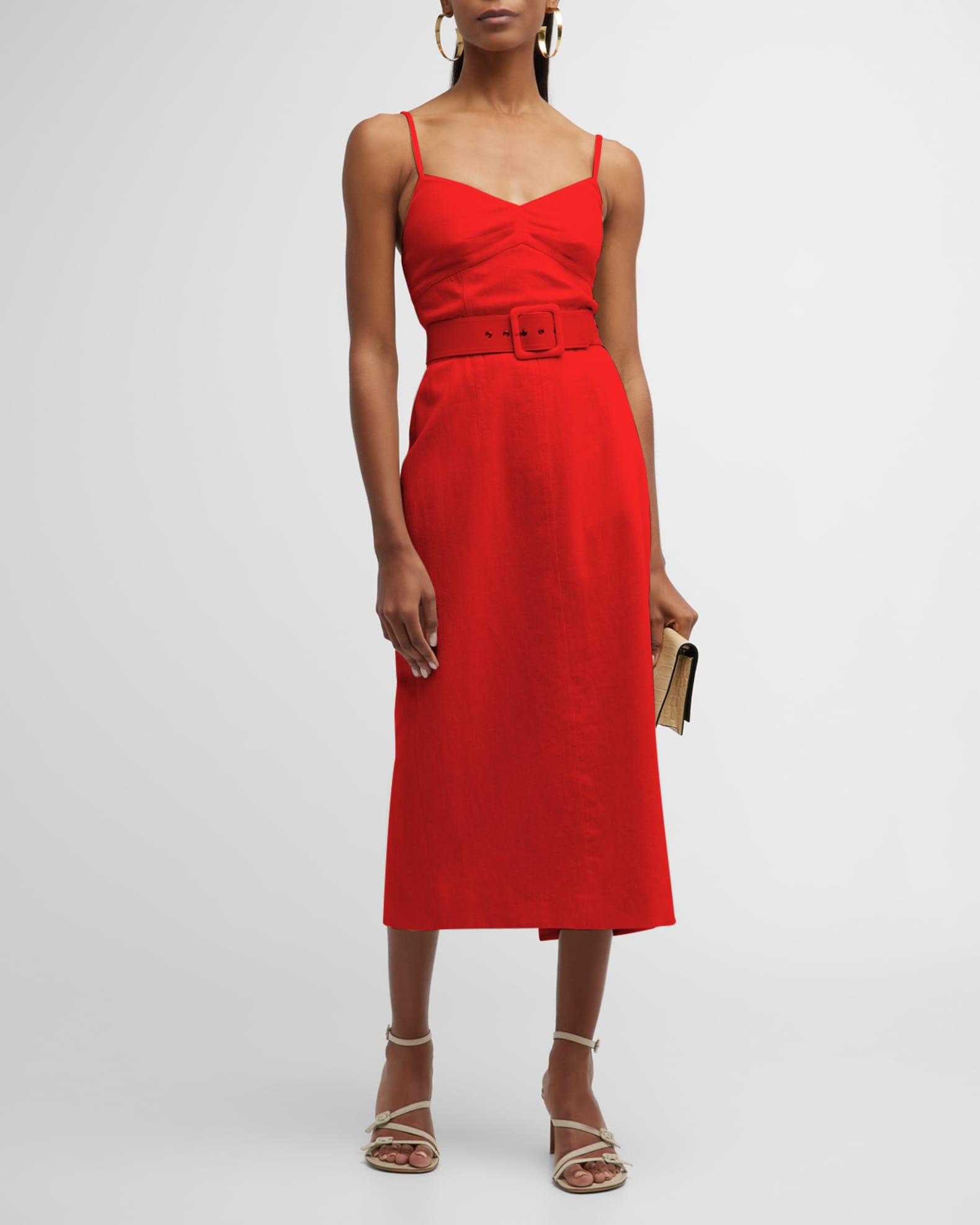 Halston Aryelle Sleeveless Belted Linen Midi Dress | Neiman Marcus