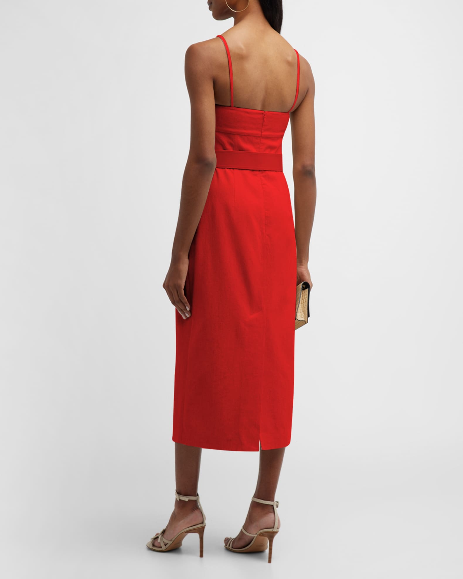 Halston Aryelle Sleeveless Belted Linen Midi Dress Neiman Marcus
