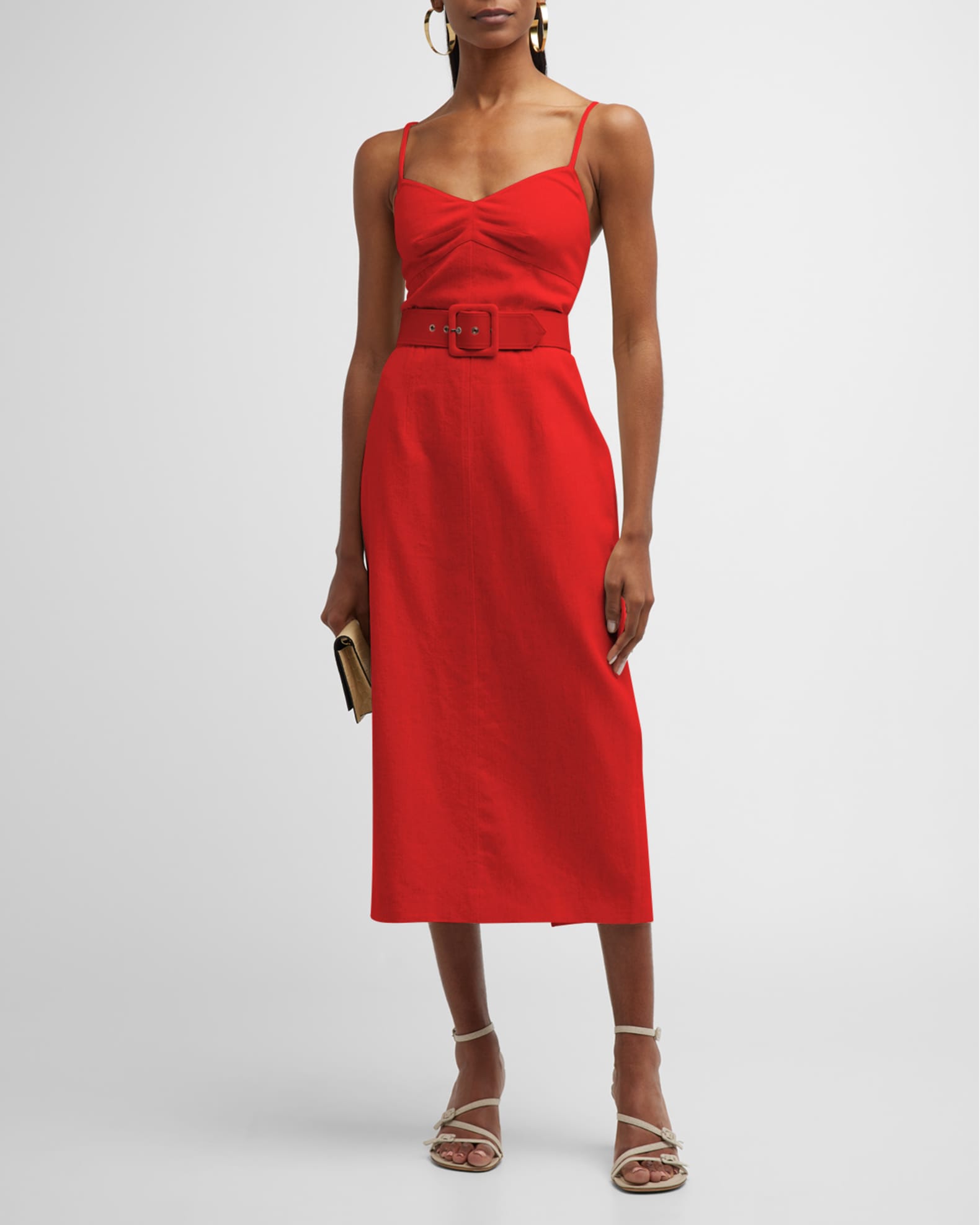 Halston Aryelle Sleeveless Belted Linen Midi Dress | Neiman Marcus