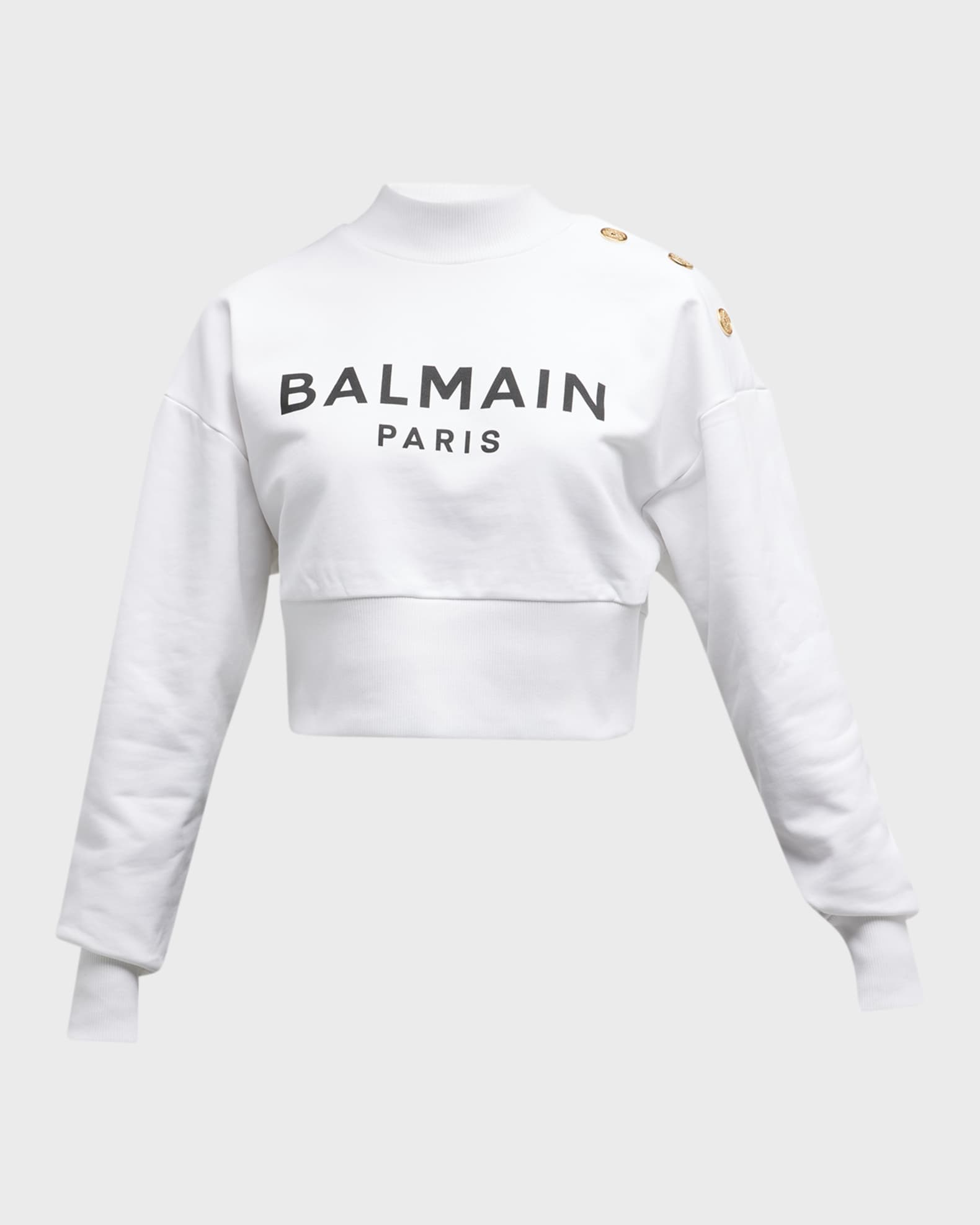 Balmain 3-Button Logo-Print Crop Sweatshirt | Neiman Marcus