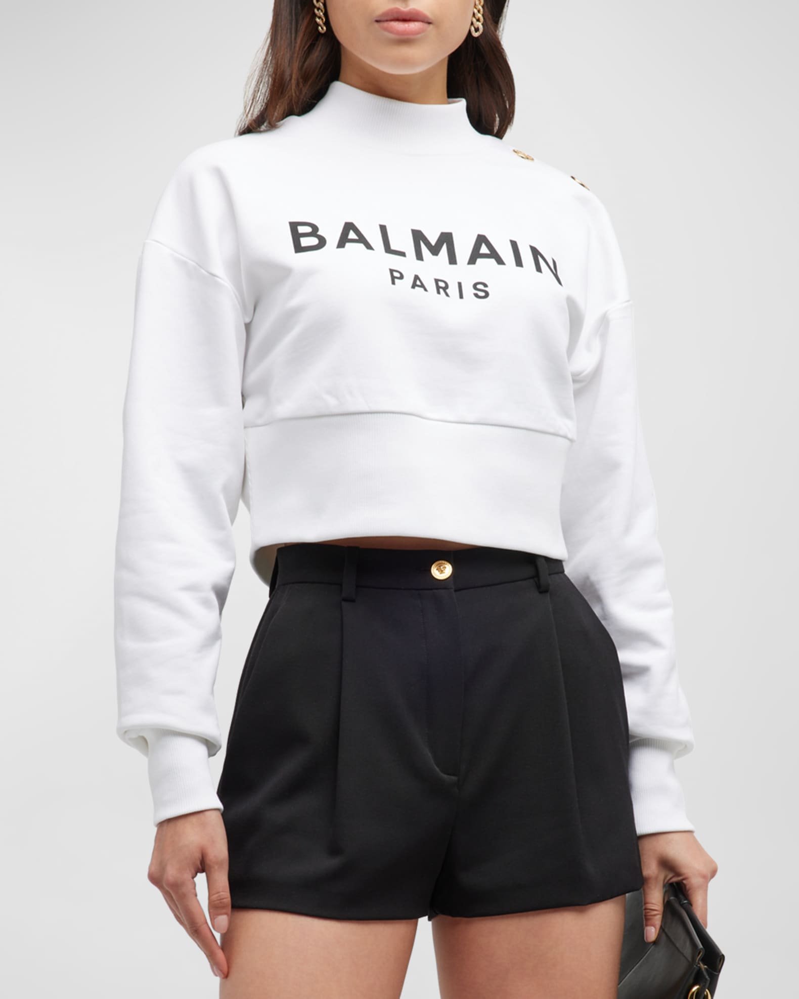 Balmain 3-Button Logo-Print Crop Sweatshirt | Neiman Marcus