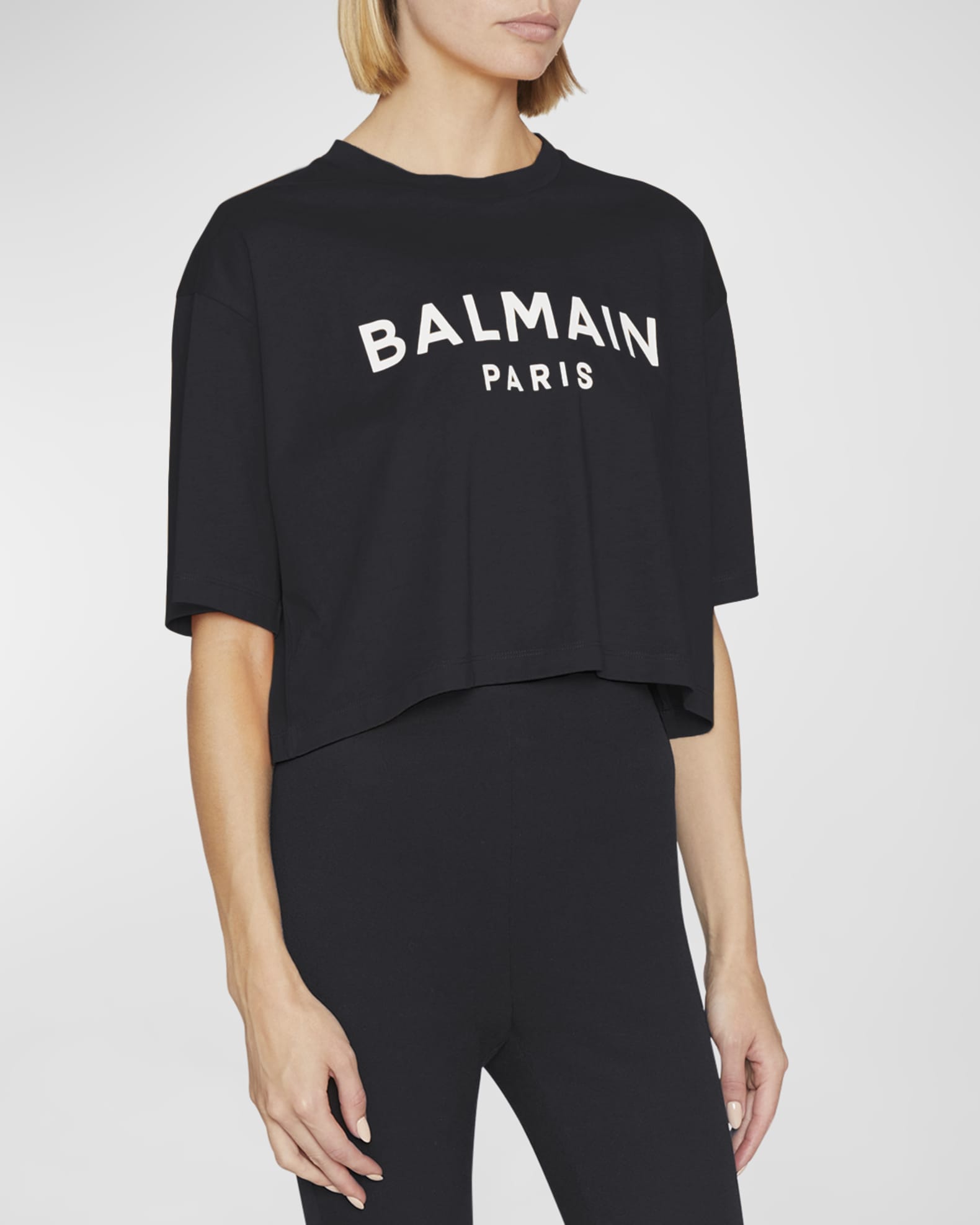 Balmain Logo-Print Crop T-Shirt | Neiman Marcus