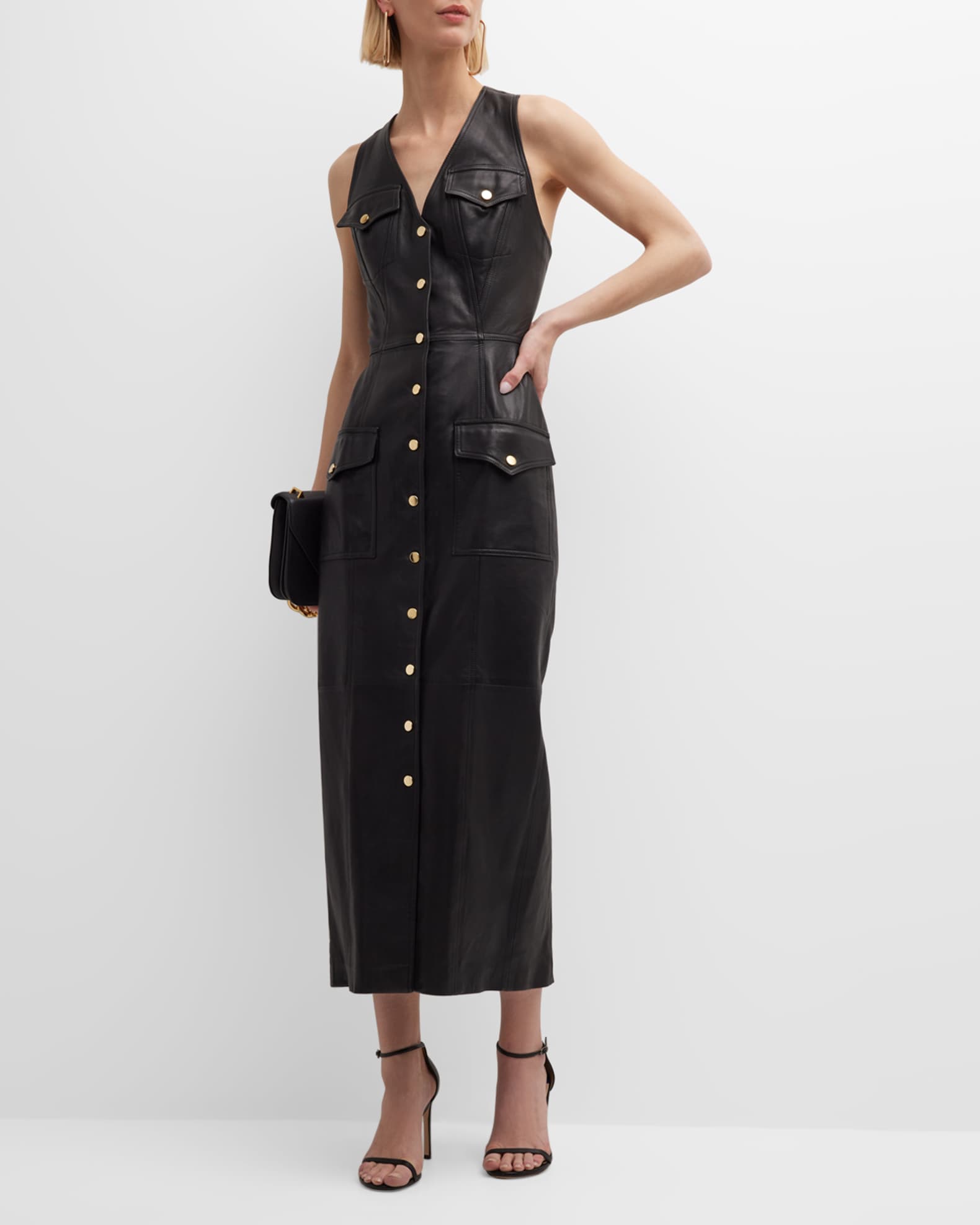 Salon 1884 Wynonna Sleeveless Snap-Front Leather Midi Dress | Neiman Marcus