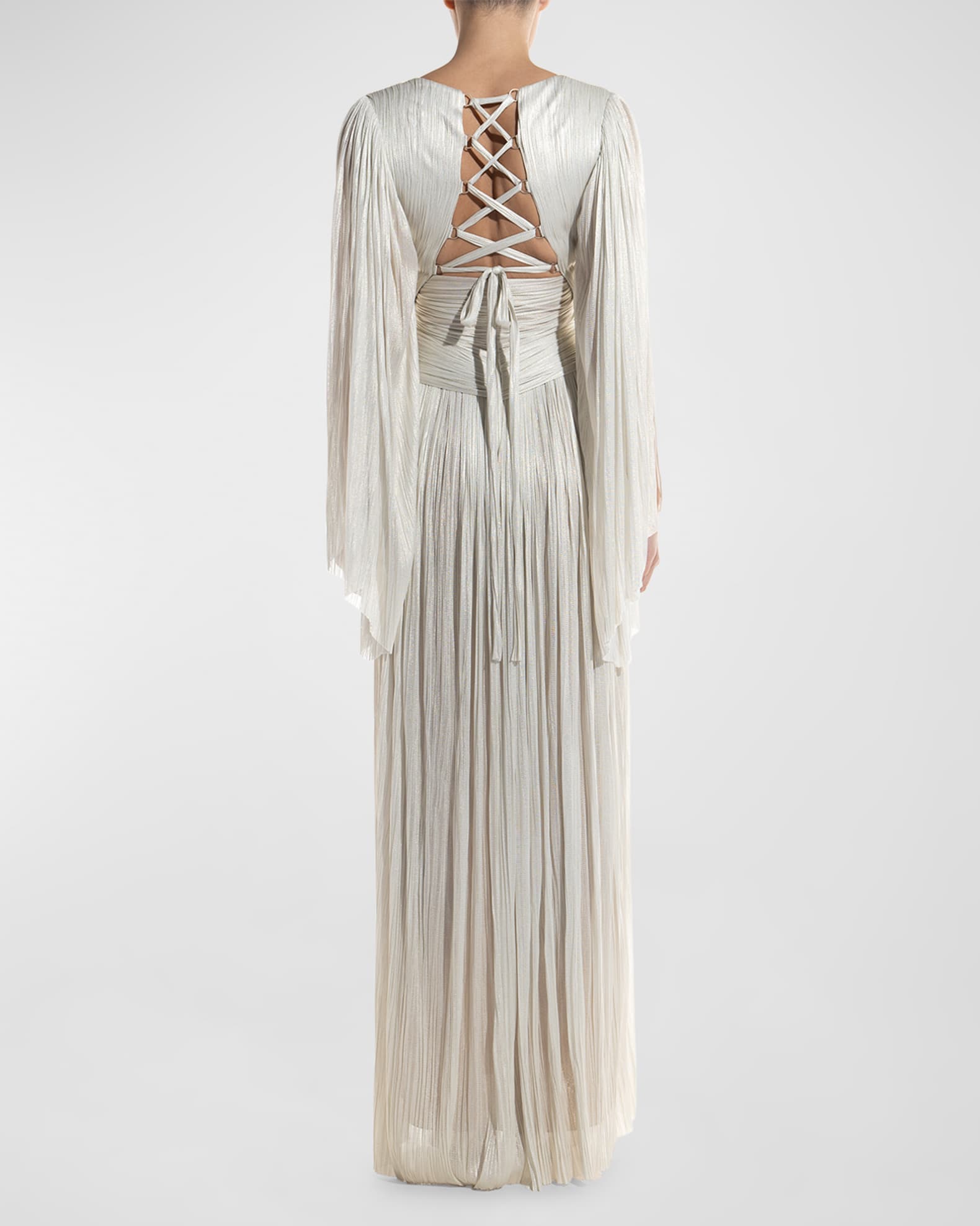 Maria Lucia Hohan Alana Metallic Plisse Thigh-Slit Laced Gown | Neiman ...