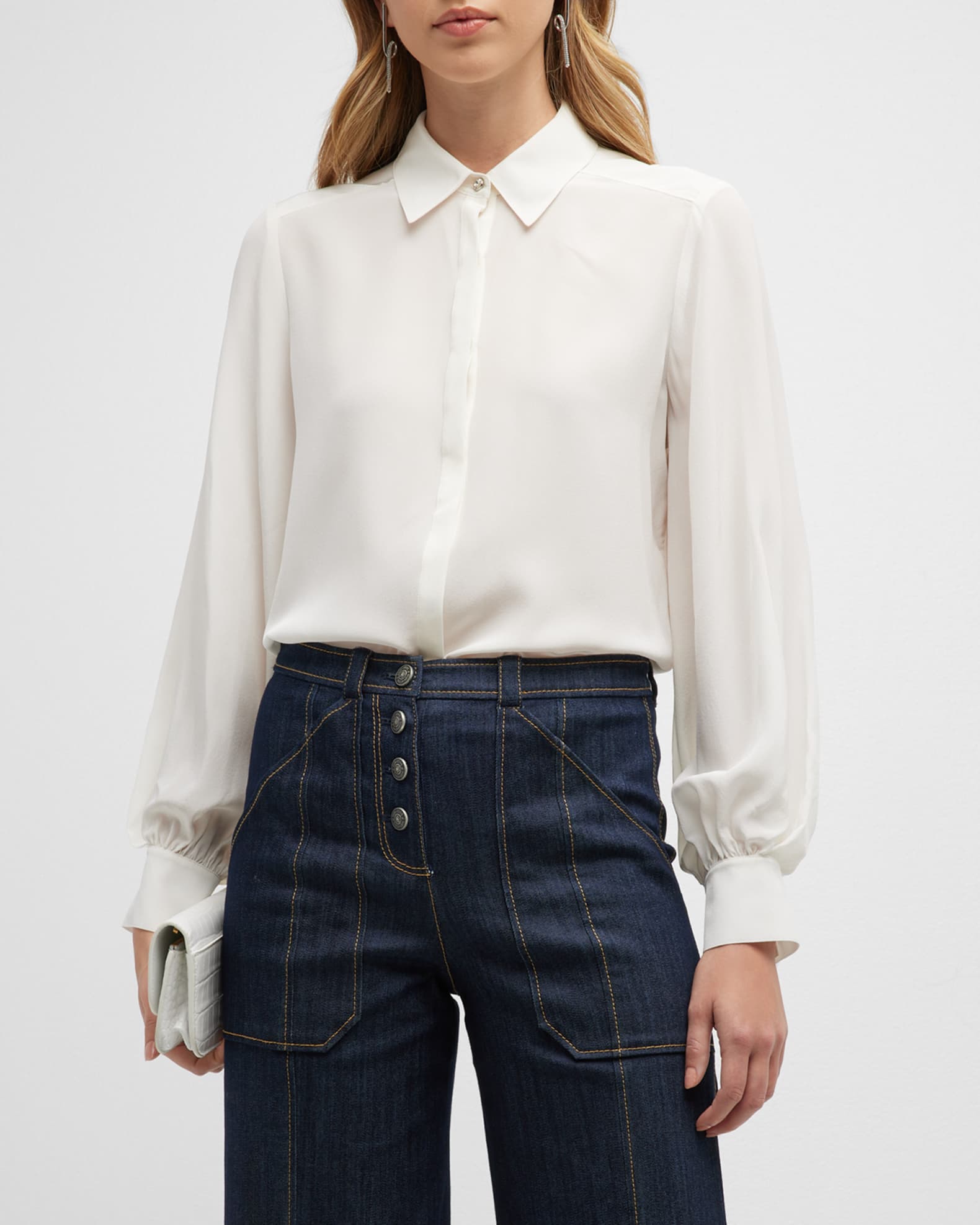 Cinq a Sept Kandice PointCollar ButtonFront Silk Shirt Neiman Marcus