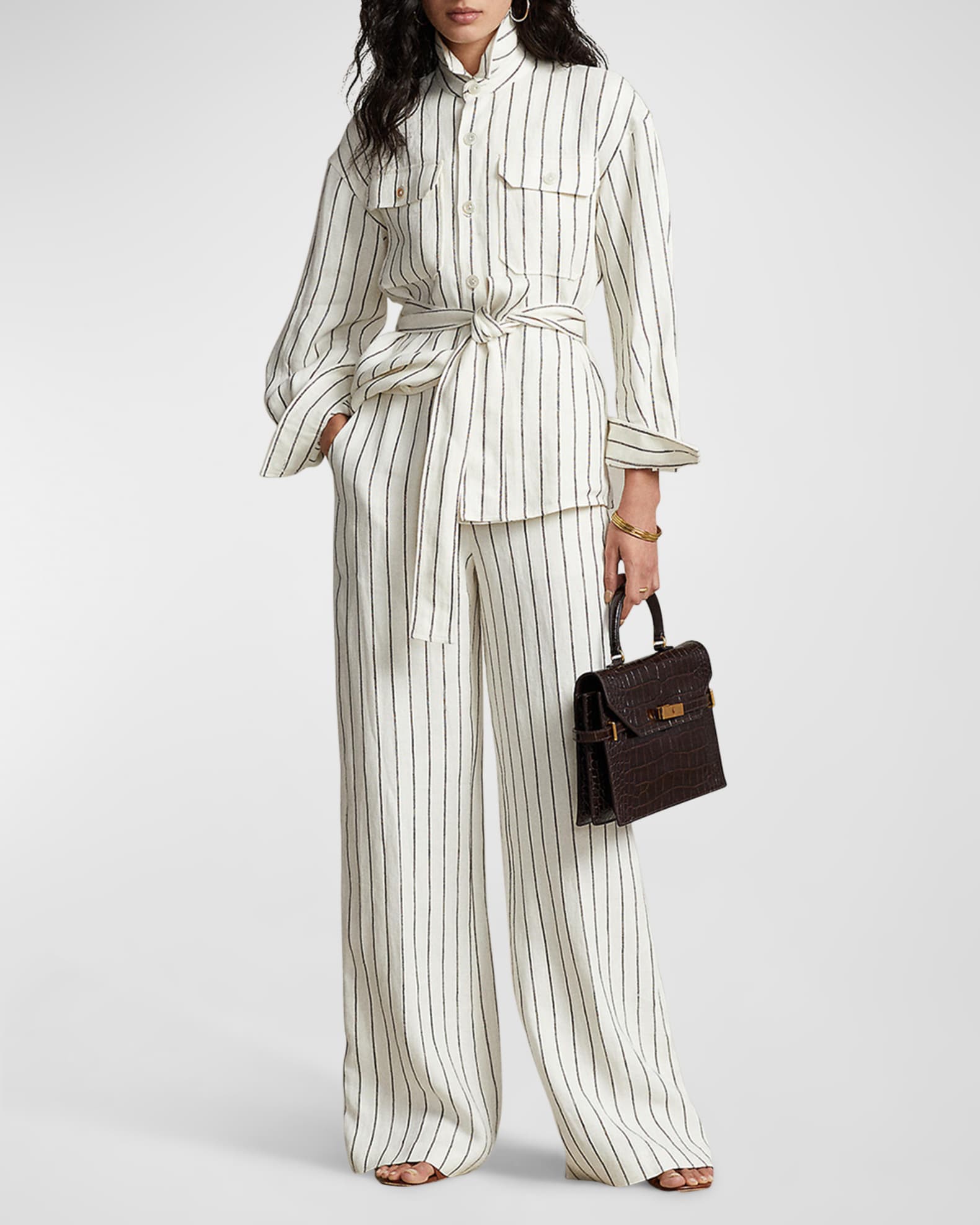 Polo Ralph Lauren Belted Striped Linen Utility Shirt | Neiman Marcus