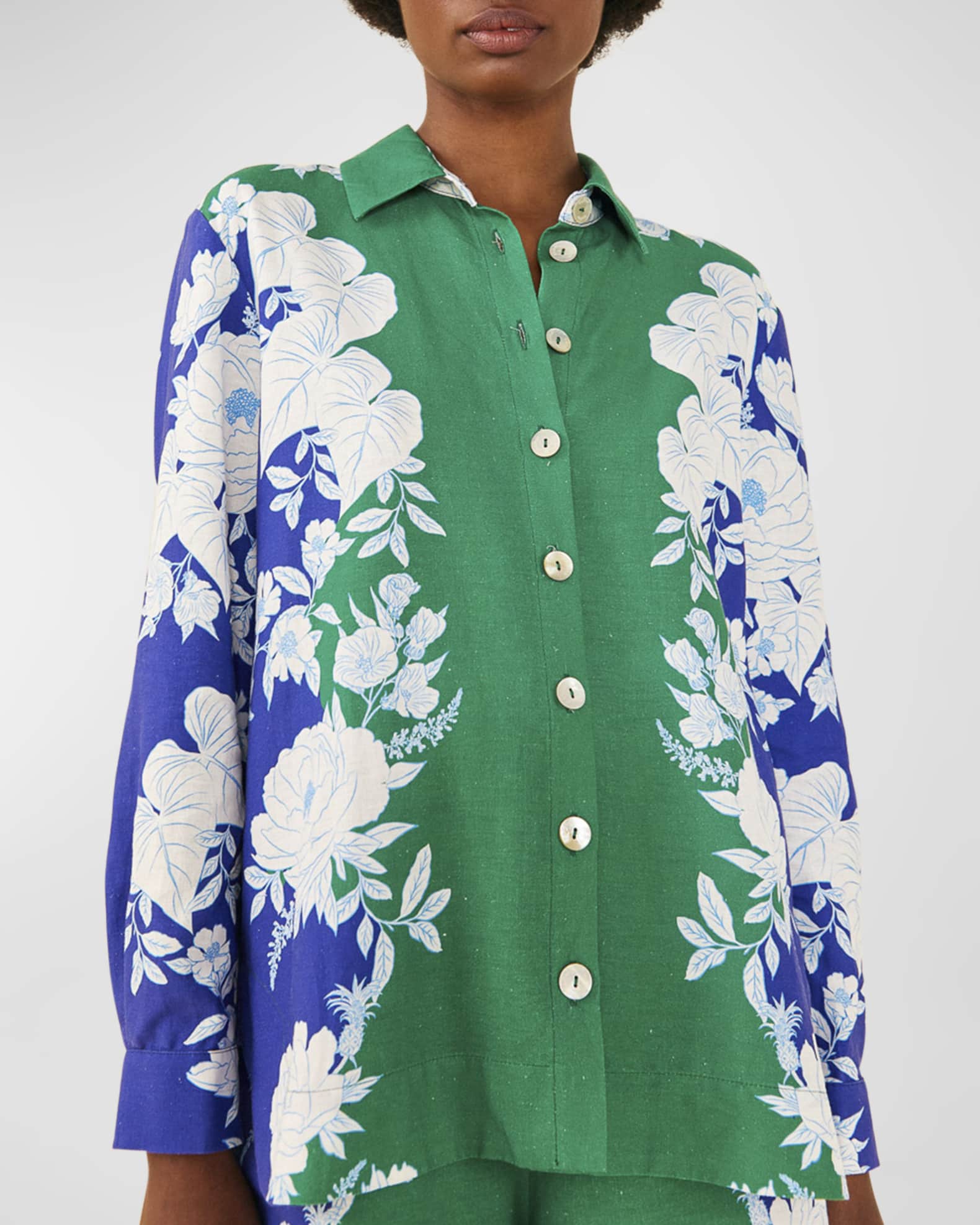 Farm Rio Soft Garden Floral Colorblocked Shirt | Neiman Marcus