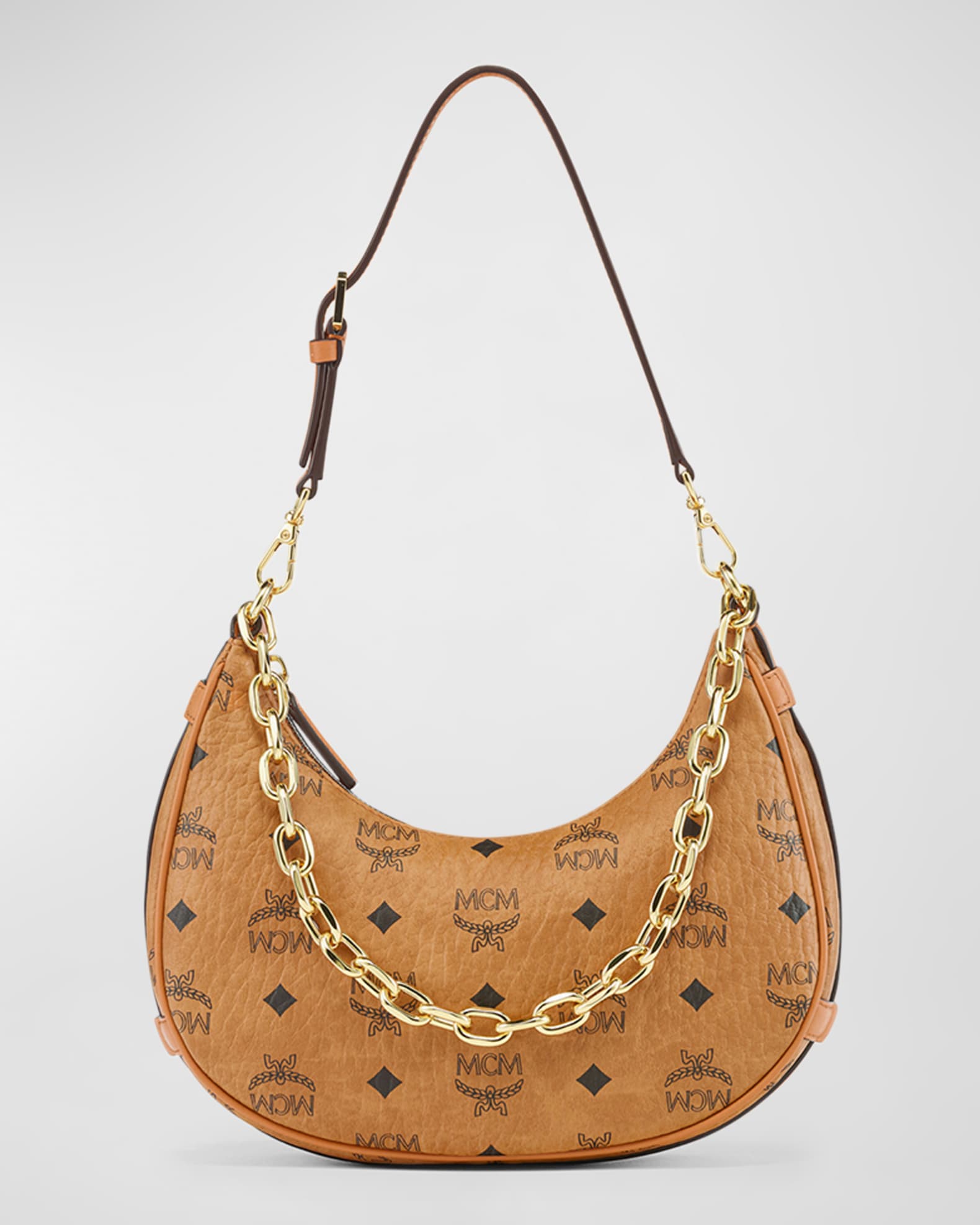 Mcm Aren Small Crescent Hobo Bag - Cognac/Gold