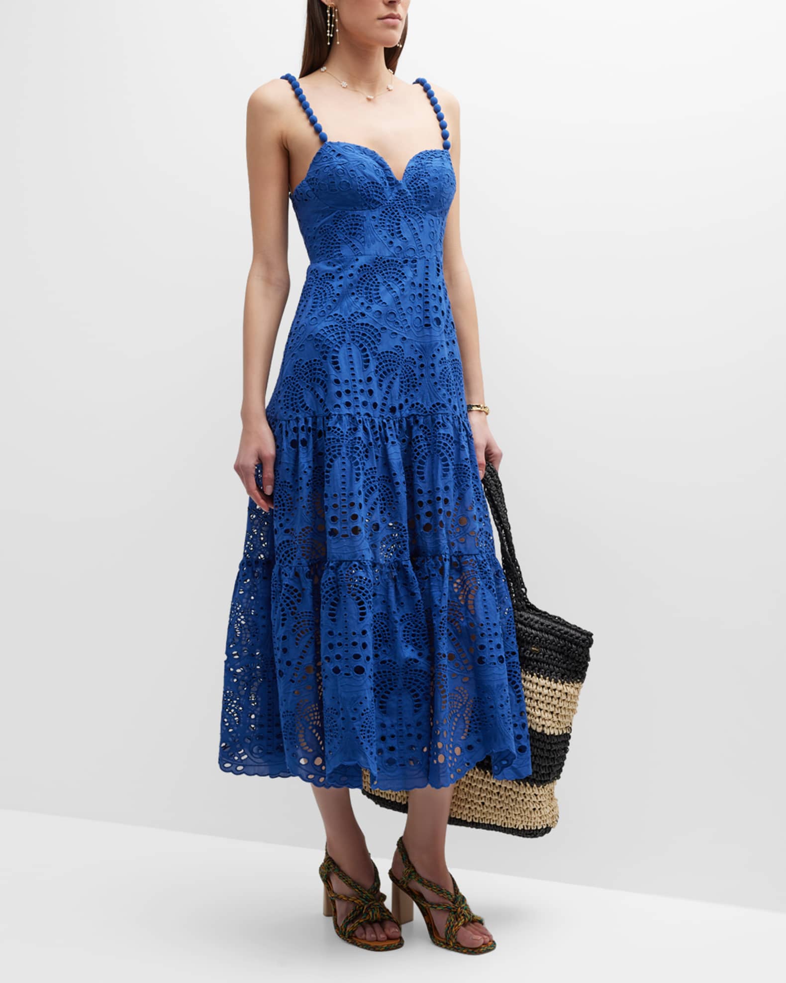 Farm Rio Palm Tree Richelieu Lace Sweetheart Midi Dress Neiman Marcus