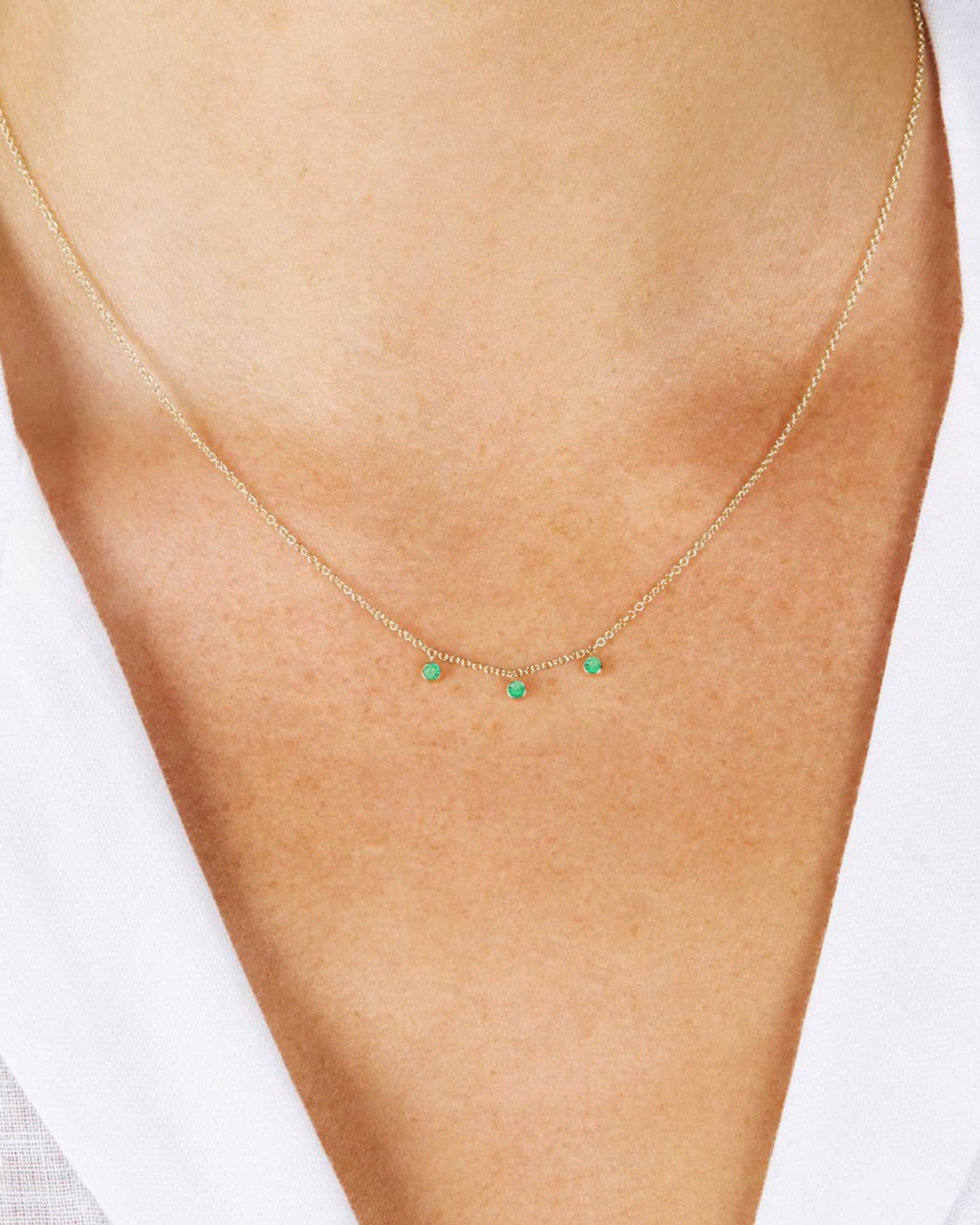 18K Yellow Gold 3 Mini Bezel Dangle Necklace with Emeralds 1