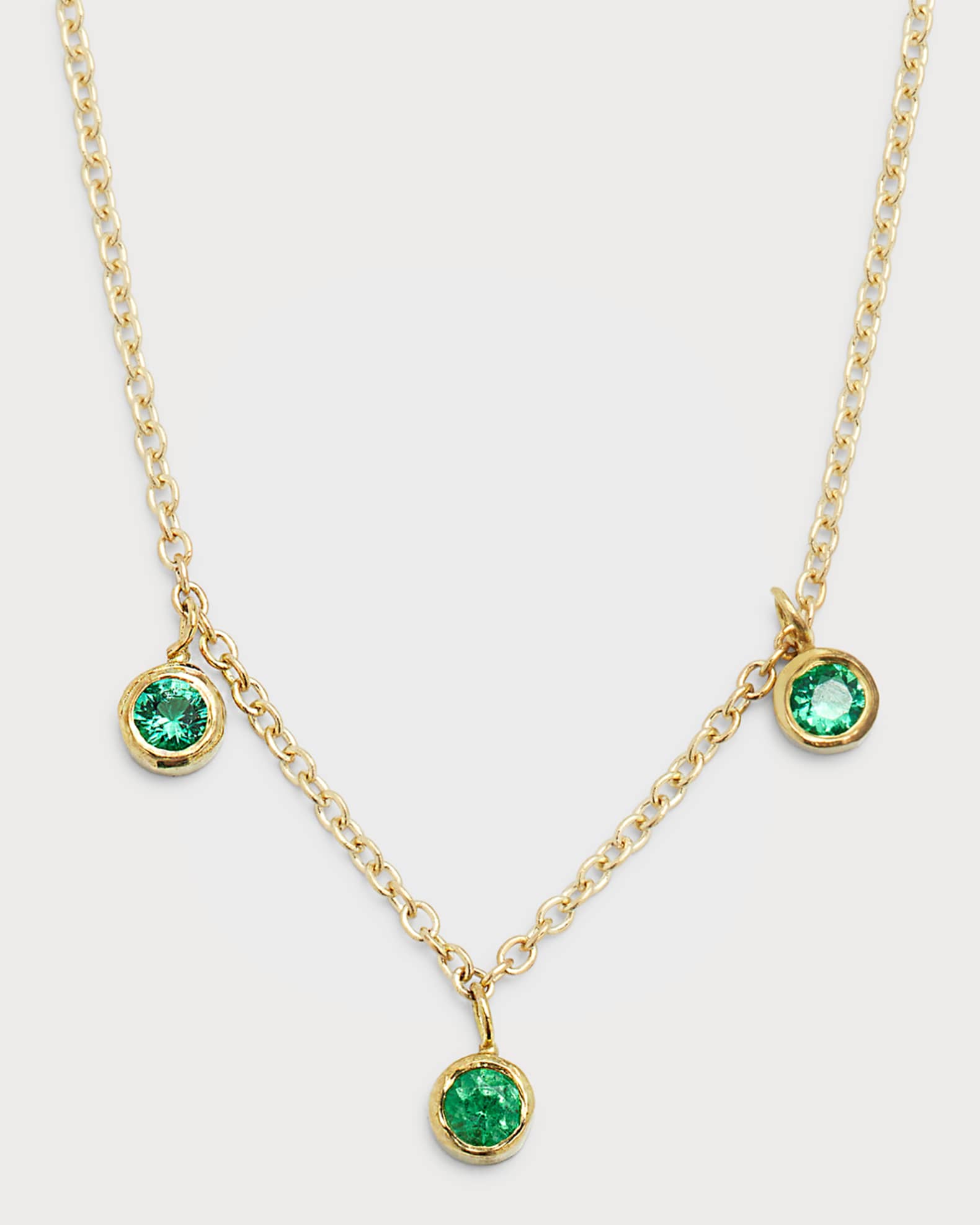 18K Yellow Gold 3 Mini Bezel Dangle Necklace with Emeralds 0