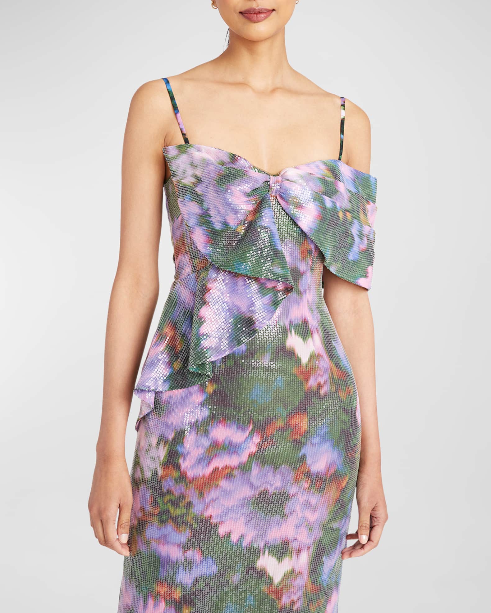 Theia Chiara Bow-Front Floral-Print Sequin Gown | Neiman Marcus